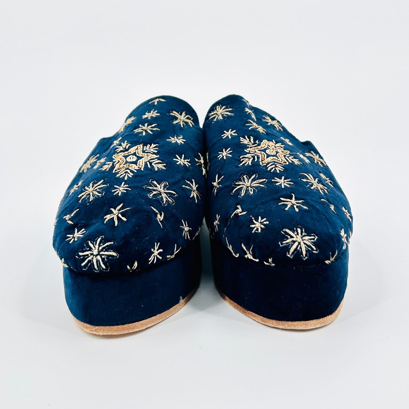 Handmade Rare Navy Velvet Embroidered Platform Slip-On Mule Shoes Size US 7.5 / IT 37.5 - 4 Thumbnail