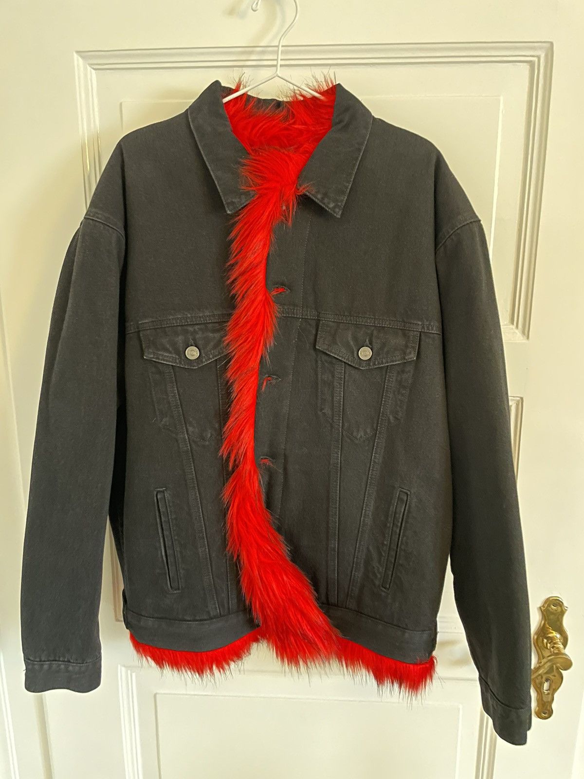 image of Balenciaga Winter 18 Red Faux Fur Lined Denim Jacket in Black, Men's (Size Small)