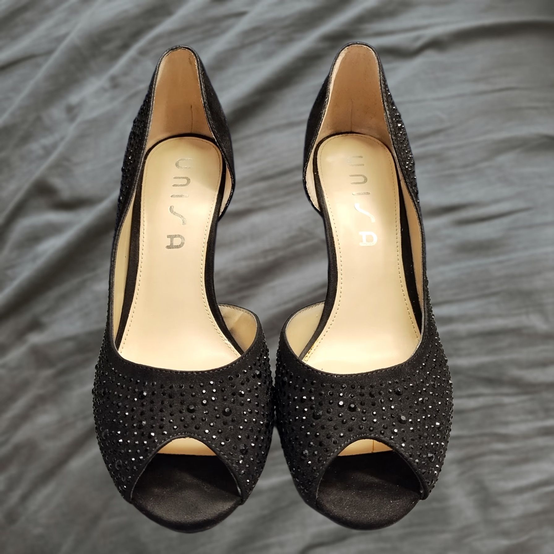 Vintage Unisa Juju Stiletto Pump Heels Womens US Size 8M Black Studded Peep Toe Slip On Size US 8 / IT 38 - 1 Thumbnail