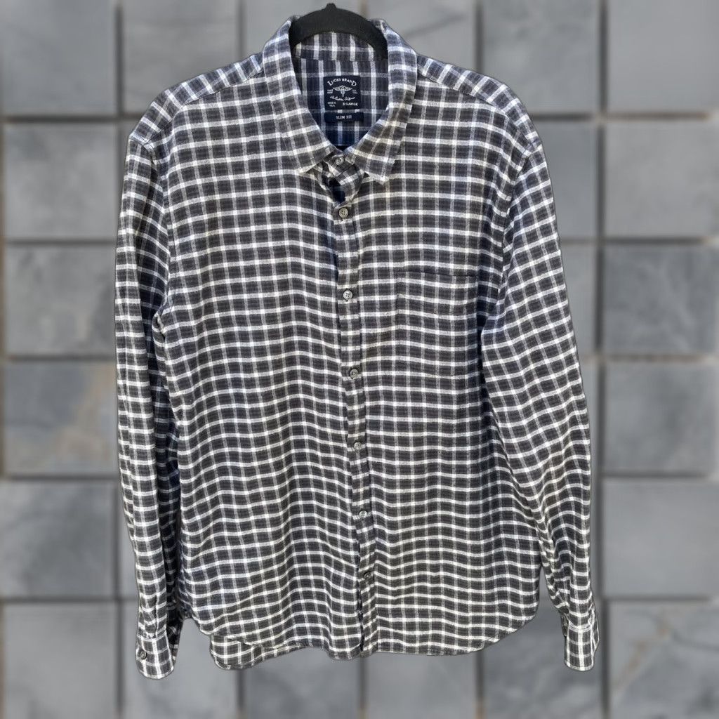 Lucky Brand Men's Lucky Brand Black Plaid Flannel XL Button Pockets Logo Classic Slim Fit Shirt Size US XL / EU 56 / 4 - 1 Thumbnail