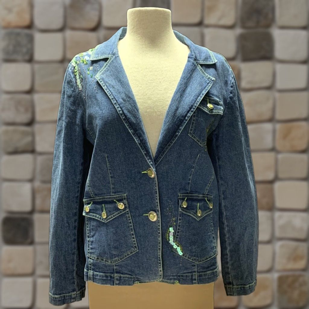 Denime Patchington Denim Jacket Light Weight Gemmed Buttons Mint Green Stitching Medium Jacket Women M Blue Denim New Kangaroo Pocket Hand Wash Only Size M / US 6-8 / IT 42-44 - 1 Thumbnail
