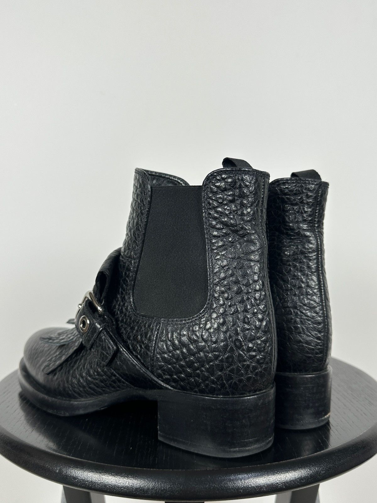 Prada Prada Black Leather Buckle Fringe Chelsea Ankle Boots Size US 6.5 / IT 36.5 - 4 Thumbnail