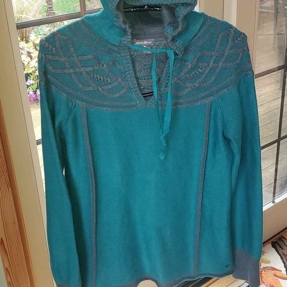 Eddie Bauer Eddie Bauer Long Slv Teal Sweater with Cable Knit Trim Sz. S Size S / US 4 / IT 40 - 2 Thumbnail