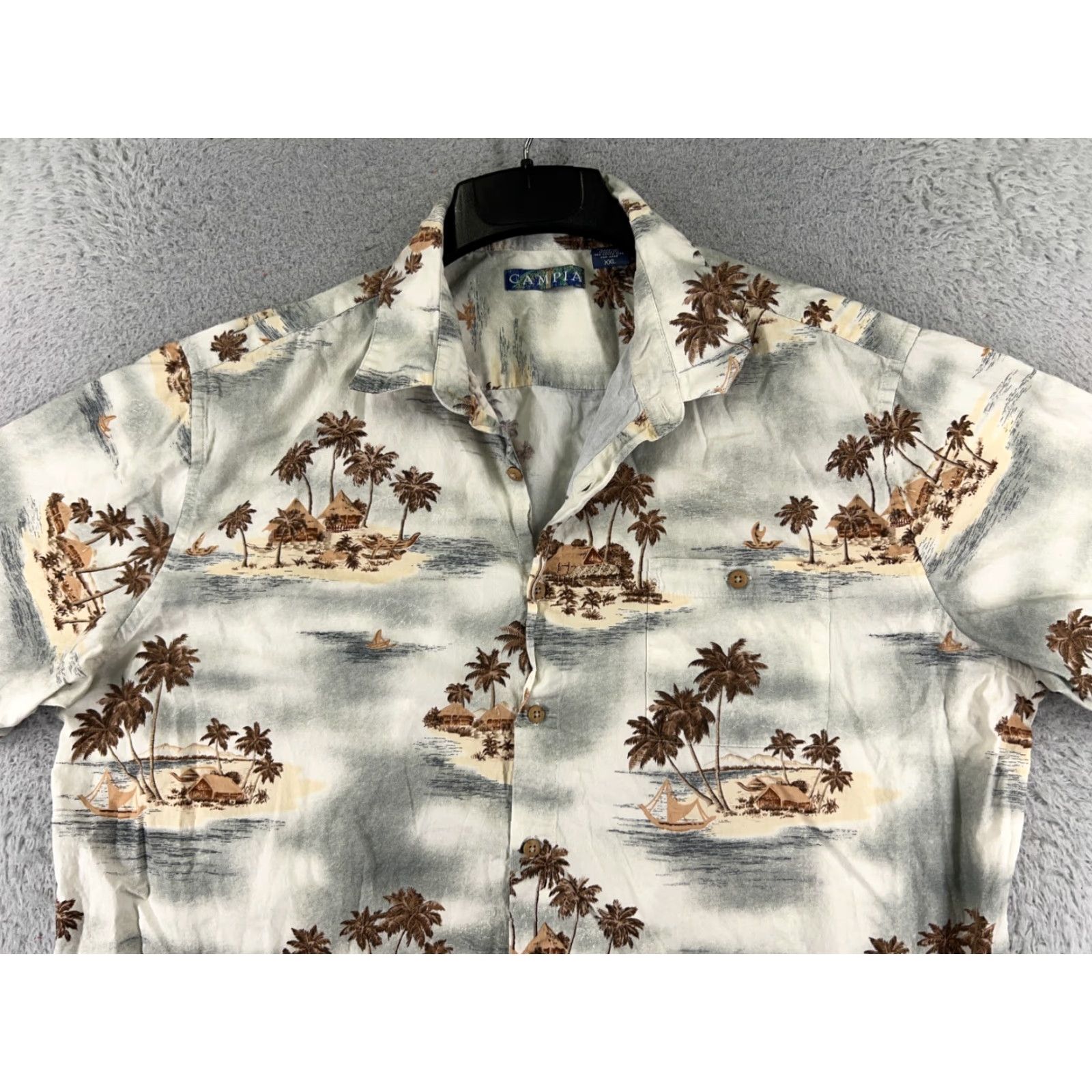 Vintage VINTAGE Campia Shirt Men 2XL Gray Brown Hut Beach Palm Hawaiian Cotton Button Up Size US XXL / EU 58 / 5 - 4 Thumbnail