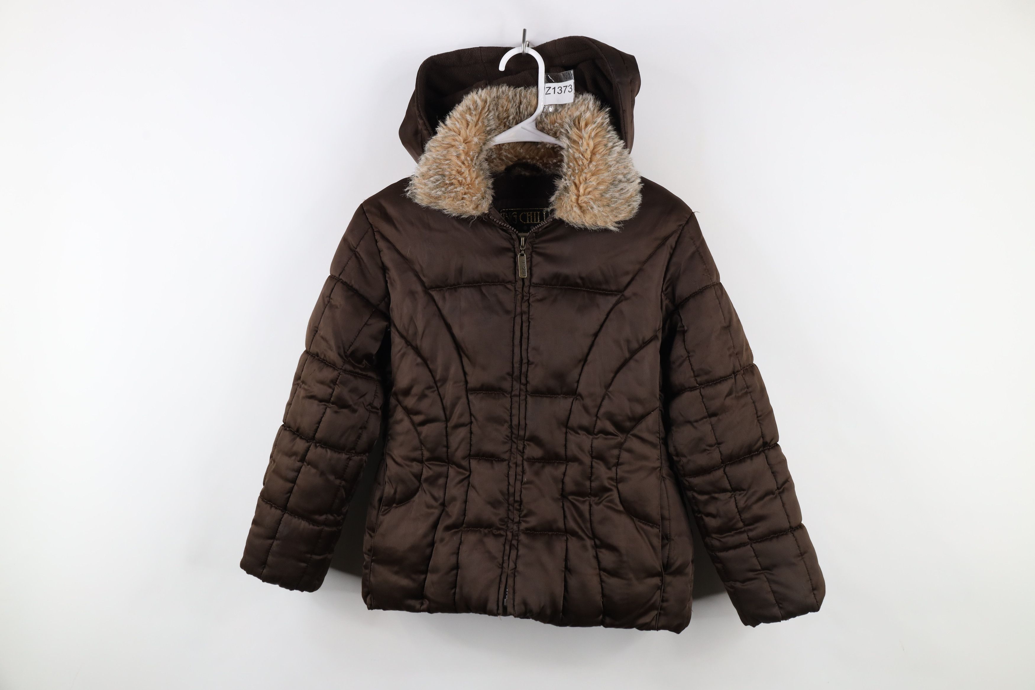 Vintage 90s Y2K Babydoll Faux Fur Trim Puffer Jacket Brown