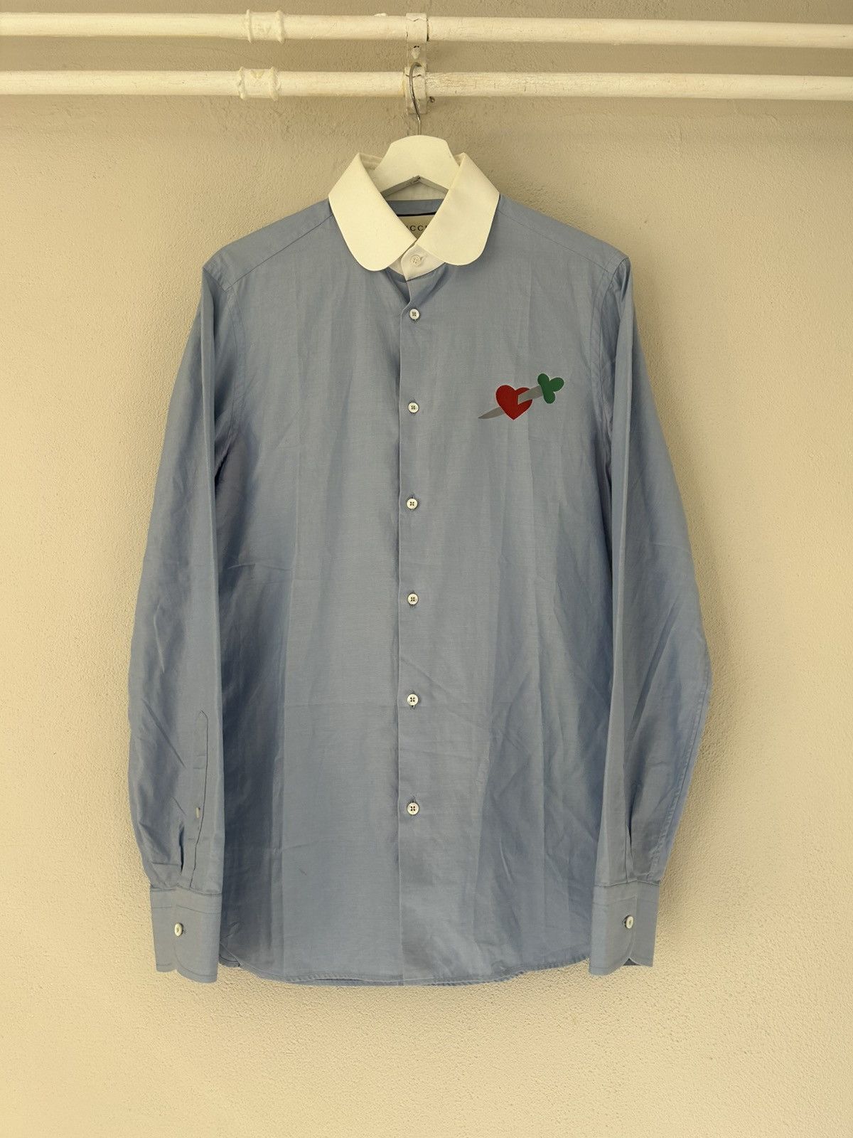 Blue Shirt with White Collar and Pierced Heart Embroidery