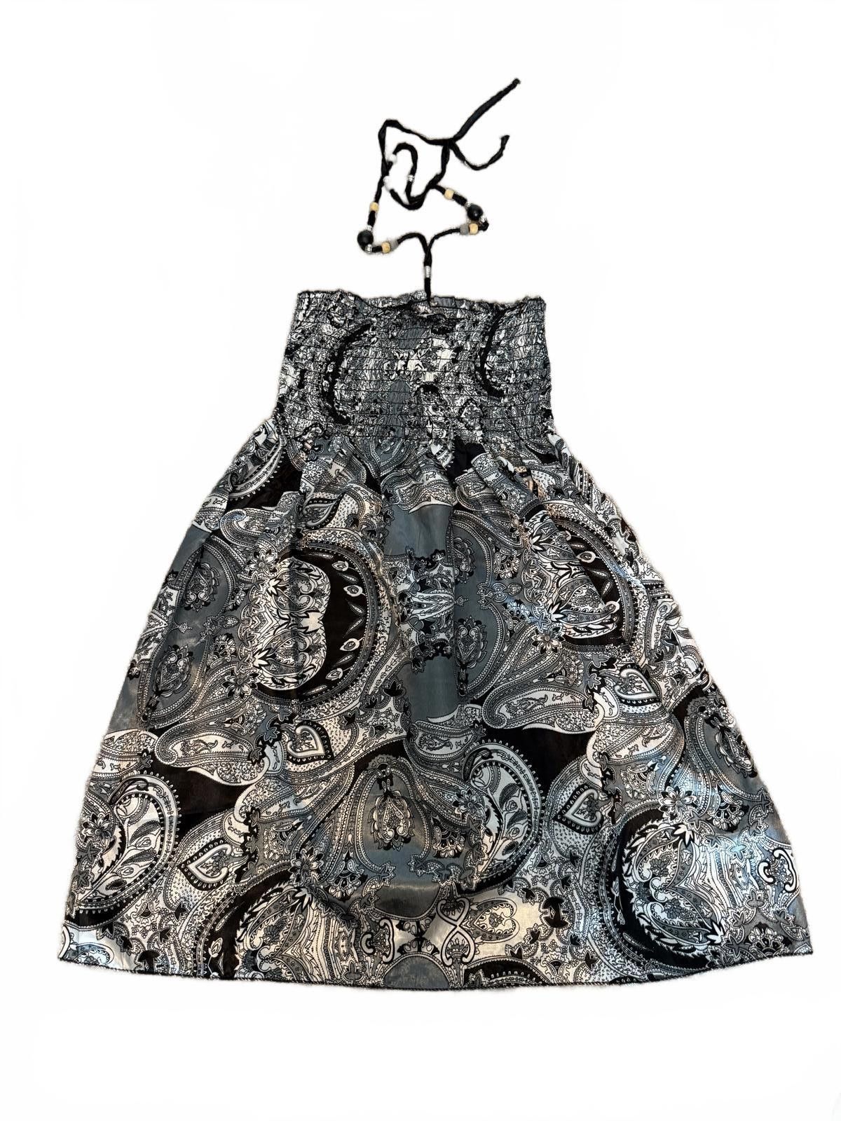 Designer 2000s Black and White Paisley Print Strapless Summer Dress Size L / US 10 / IT 46 - 1 Thumbnail
