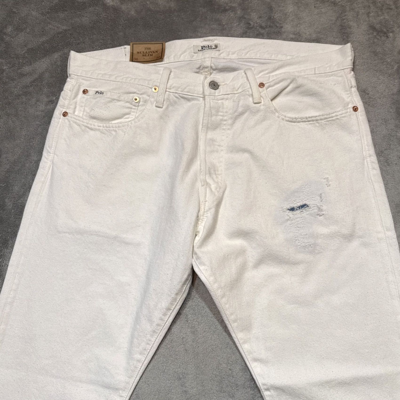 Polo Ralph Lauren Polo Ralph Lauren Jeans Sullivan Slim Distressed Patchwork Denim 36x30 Mens White Distressed Slim Jeans 30 Inseam Low Rise Men Regular Size 36x30 Size US M / EU 48-50 / 2 - 2 Thumbnail