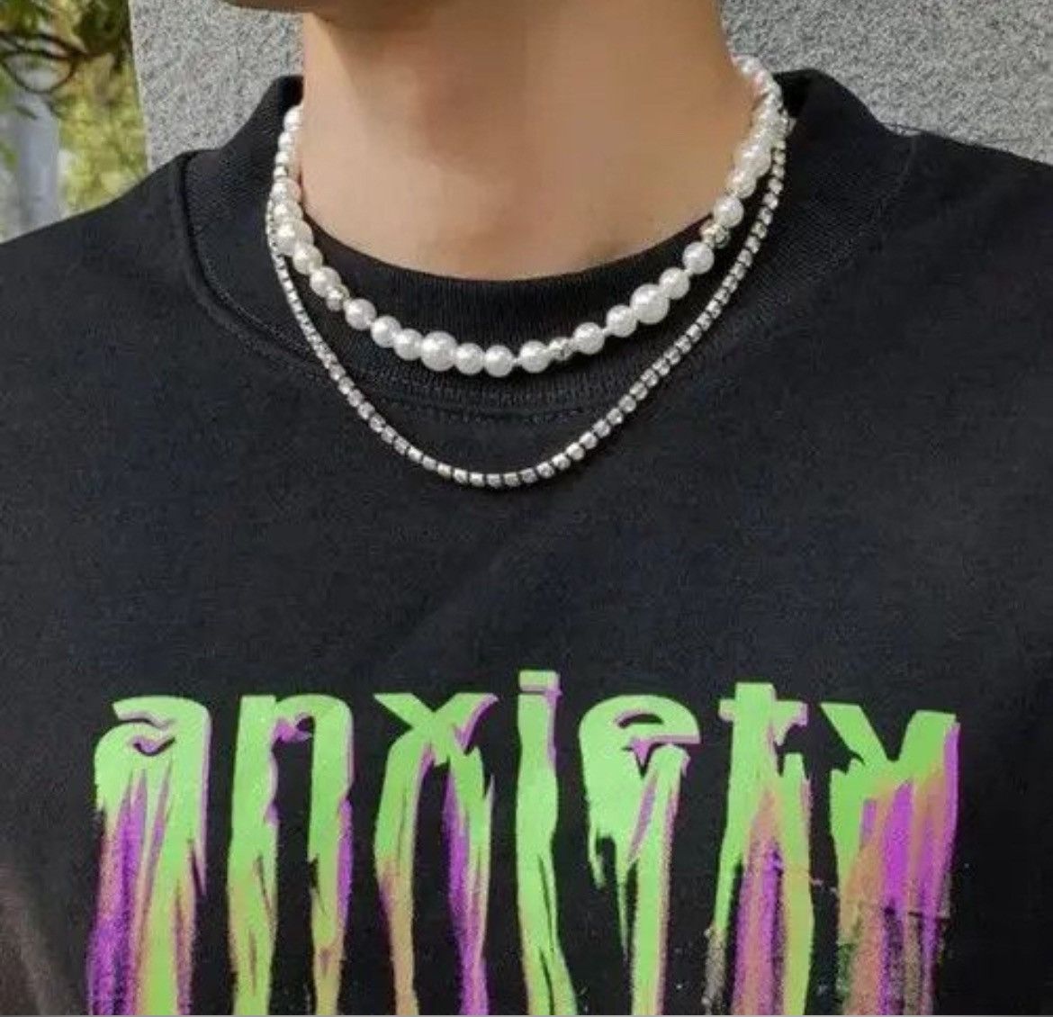 Japanese Brand × Vintage Unisex layered pearl chain shiny rhinestone tennis necklace Size ONE SIZE - 1 Thumbnail