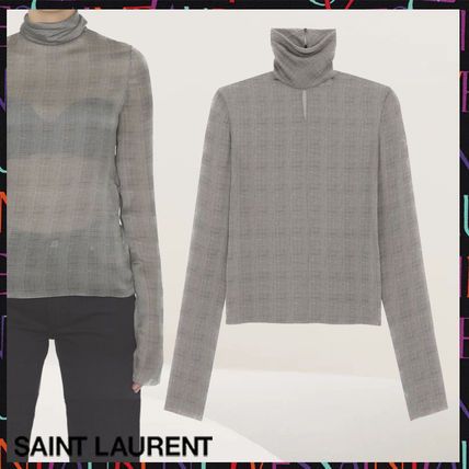 Saint Laurent Paris o1s1wg111124 Turtleneck Blouse in Prince of Wales silk Grey Size XS / US 0-2 / IT 36-38 - 3 Thumbnail
