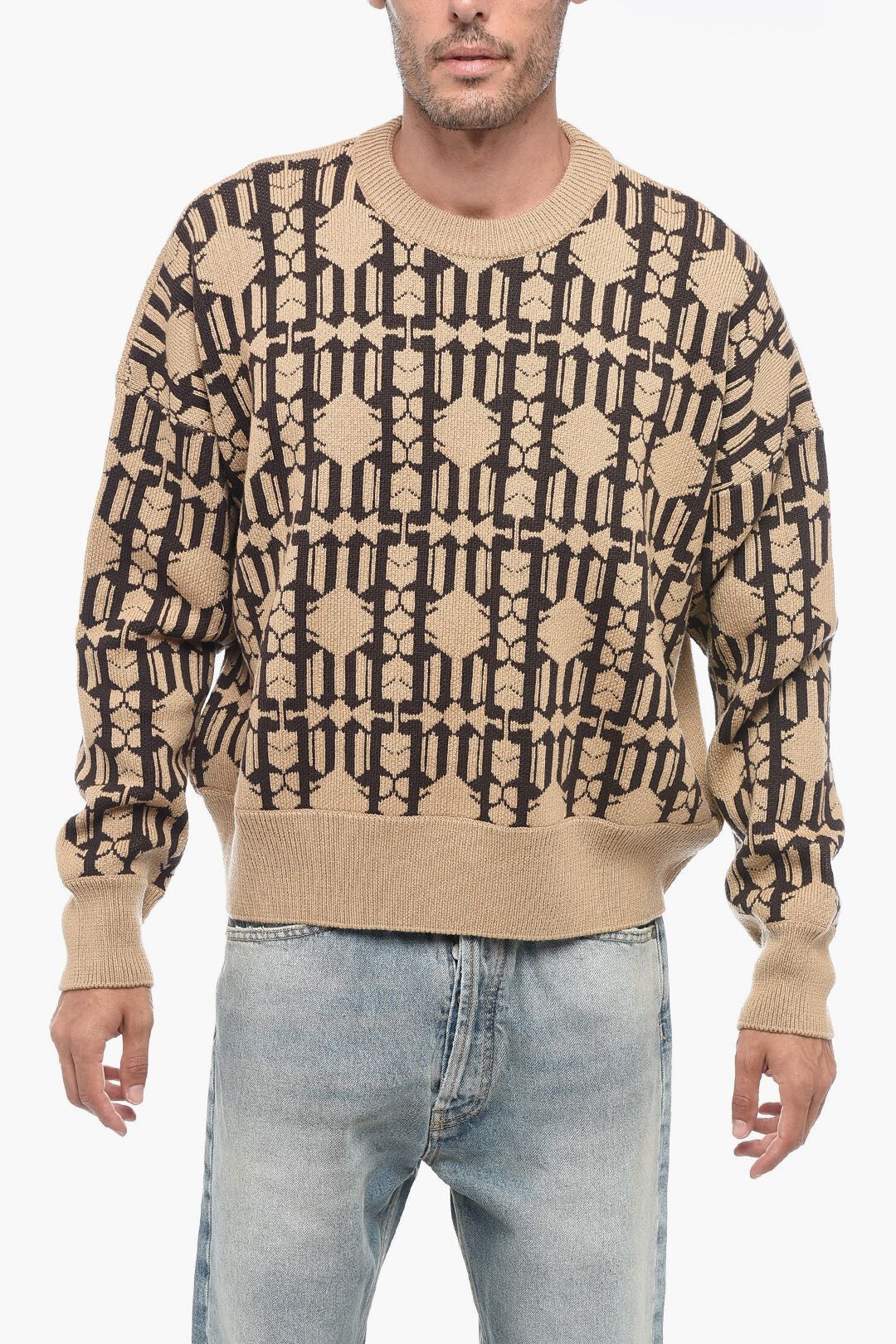 Palm Angels o1y0325 Crewneck Sweater in Beige/Dark Brown Size US M / EU 48-50 / 2 - 1 Thumbnail
