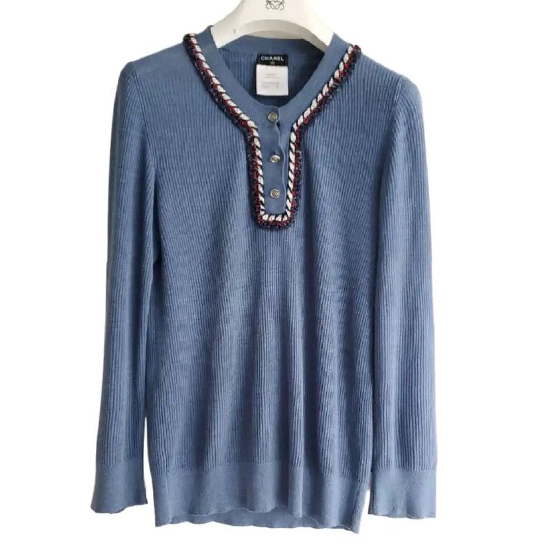 Chanel Chanel Blue Cotton Logo Long Sleeve Pullover 0089 Size S / US 4 / IT 40 - 1 Thumbnail