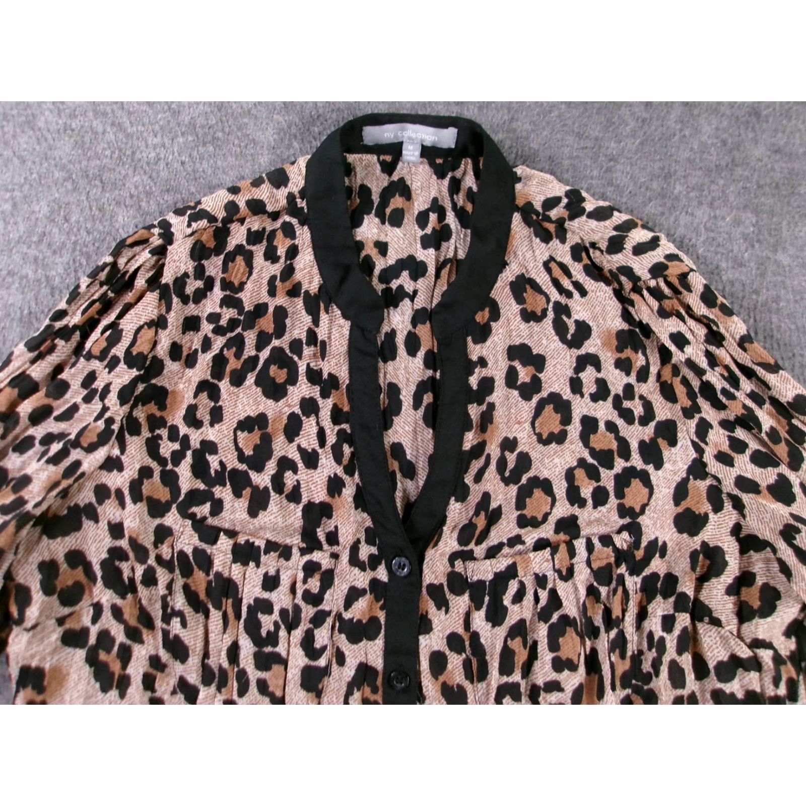 Vintage NY Collection Blouse Womens M Leopard Print Long Sleeve Button Front Tan Beige Black Puff Sleeve Pleated Shoulders V-Neck Size M / US 6-8 / IT 42-44 - 2 Thumbnail