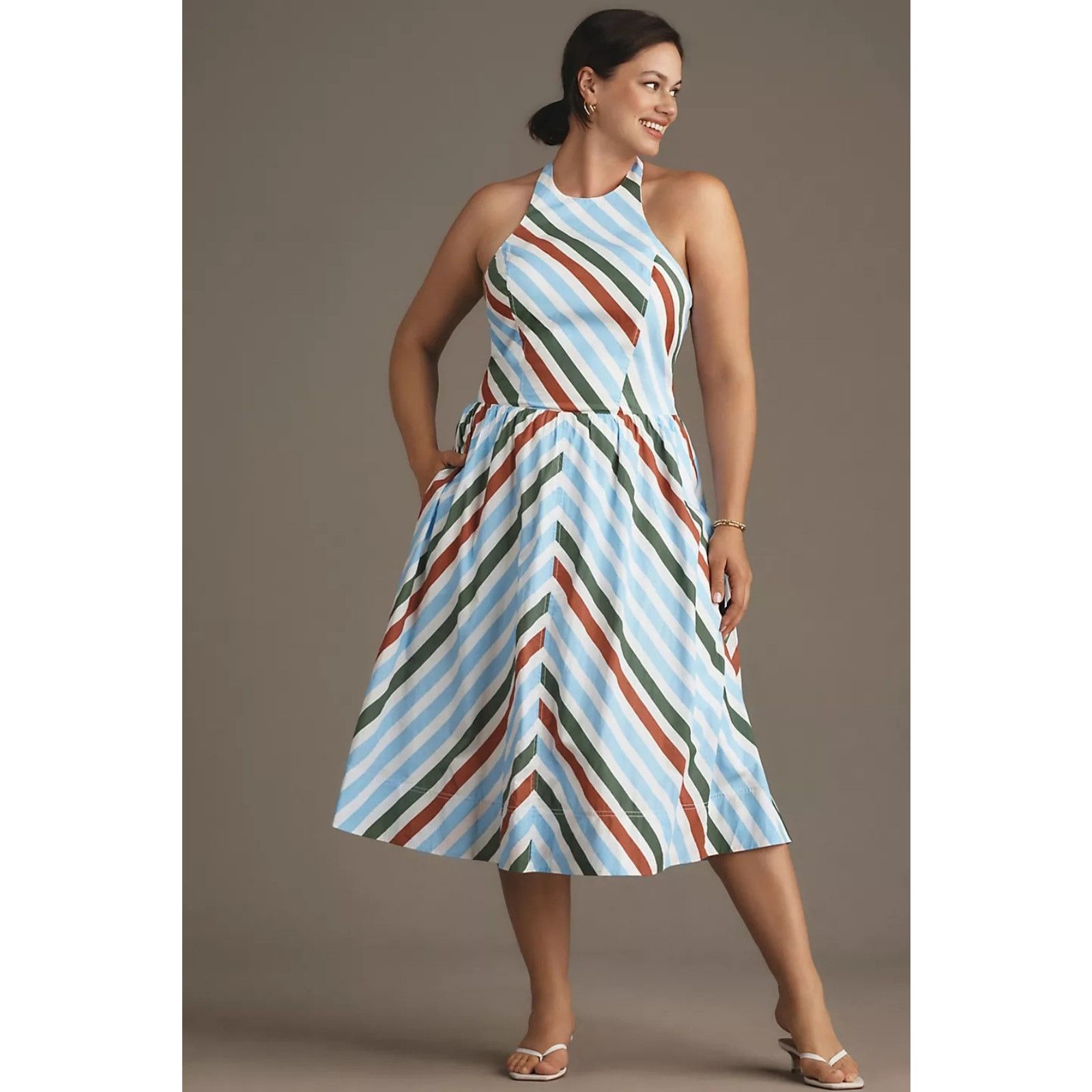 Anthropologie NWT Maeve Halter Midi Sundress $168 XS Neutral Striped Motif Size XS / US 0-2 / IT 36-38 - 4 Thumbnail