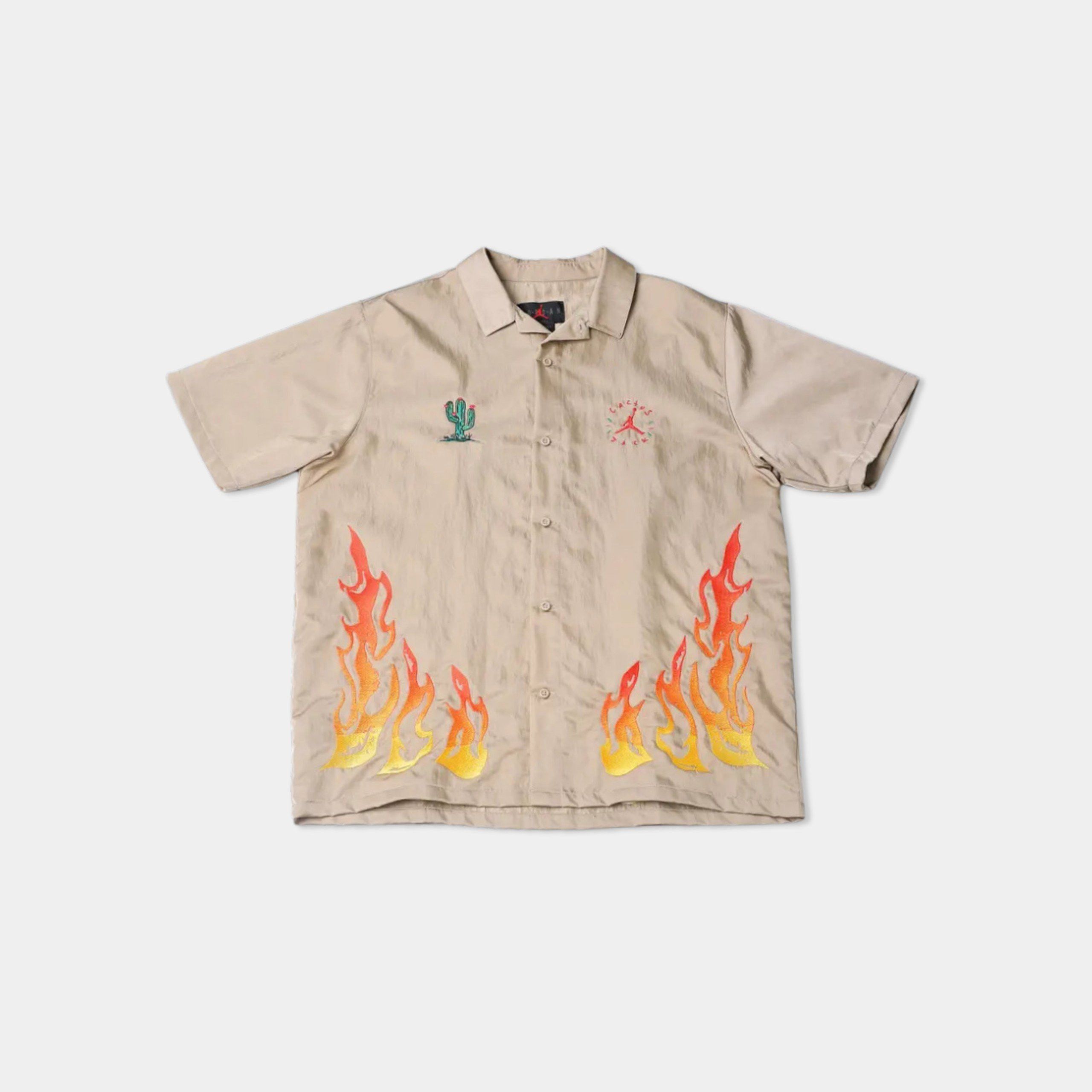 image of Travis Scott Cactus Jack X Jordan Button Down Shirt in Khaki/University Red, Men's (Size 2XL)