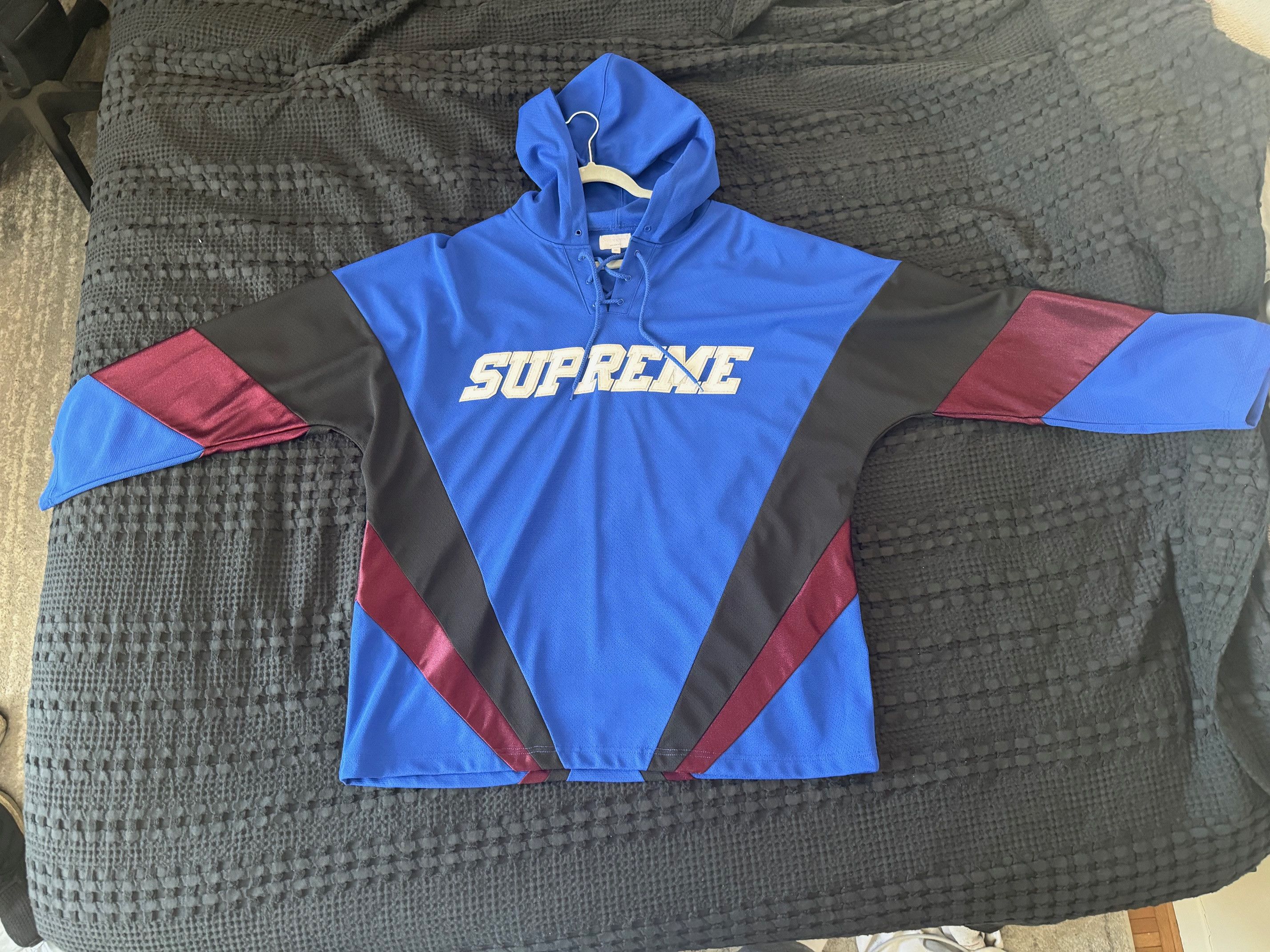 image of Supreme Hooded Hockey Jersey in Blue/Black/Maroon, Men's (Size XL)