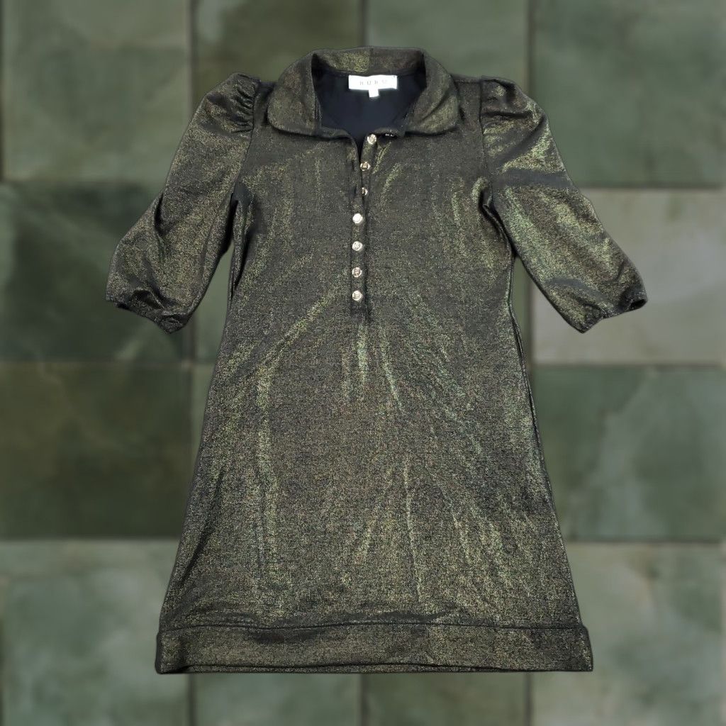 Vintage Buru Dress Womens Small Gold Metallic Knit Puff Sleeve Collared Shift Party Size S / US 4 / IT 40 - 1 Thumbnail