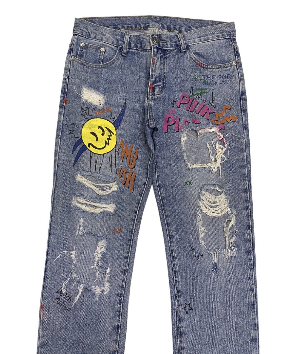 Hysteric Glamour × If Six Was Nine × Le Grande Bleu (L.G.B.) JAPANESE PUNK DISTRESSED DENIM SMILE OVERPRINTED JEANS Size US 33 - 3 Thumbnail
