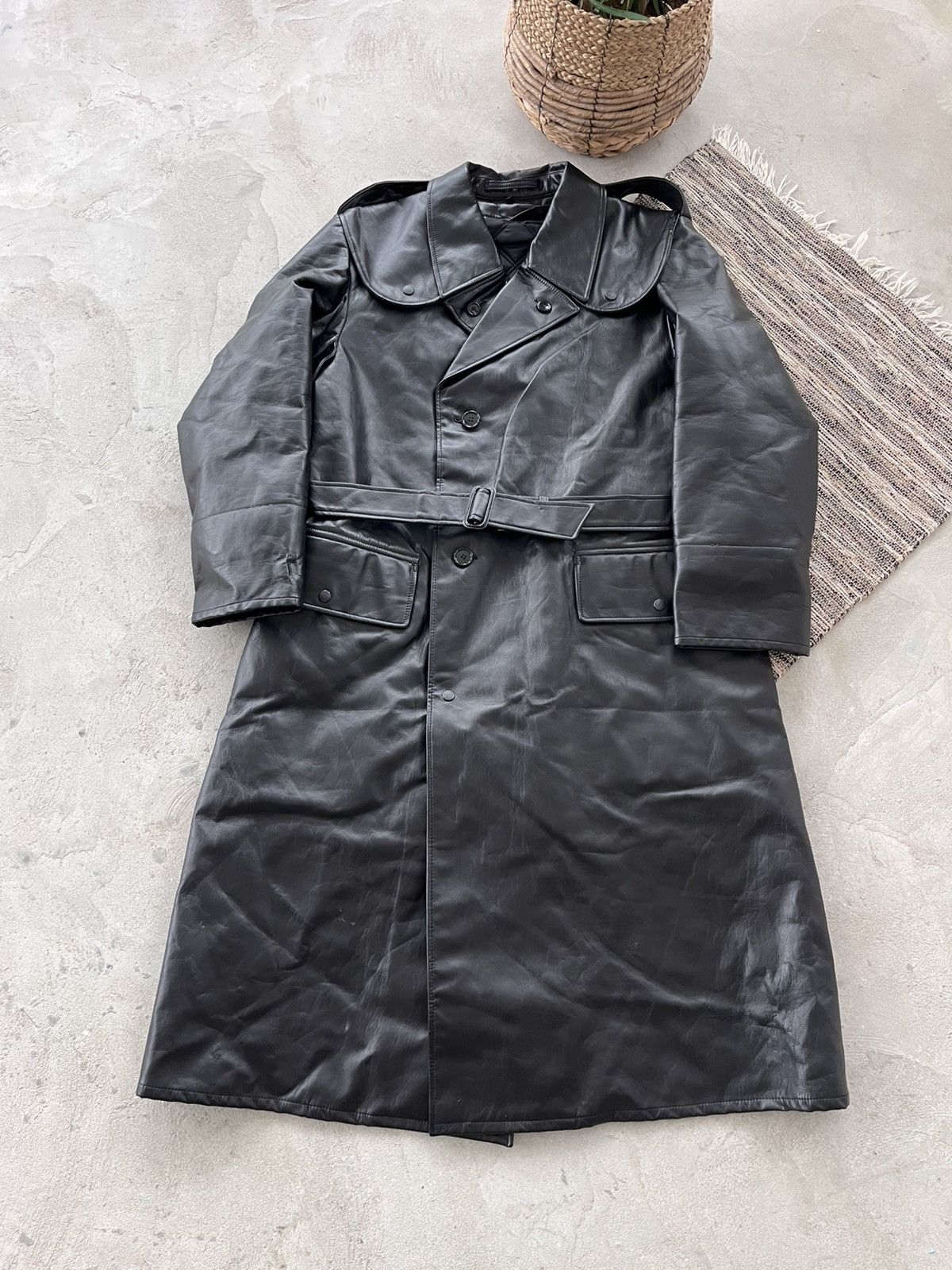 Genuine Leather Vintage Black Faux Leather Trench Coat Gothic Military Style Size US L / EU 52-54 / 3 - 3 Thumbnail