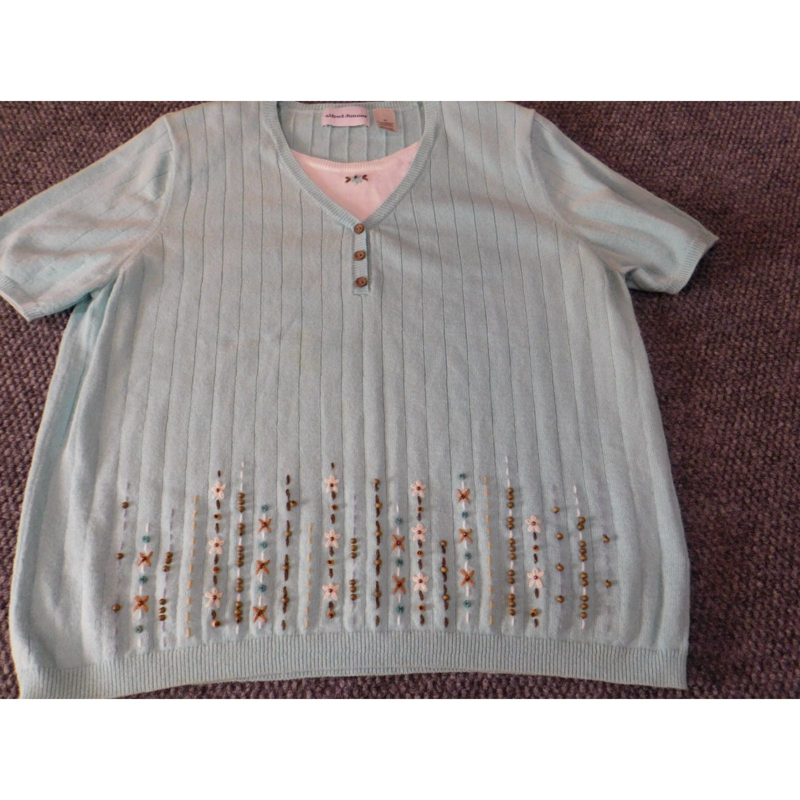 Vintage Alfred Dunner Womens Sweater XL Blue Pullover Cap Sleeve Crew Neck Ramie Rayon Knit Lined Button Classic Casual Size XL / US 12-14 / IT 48-50 - 3 Thumbnail