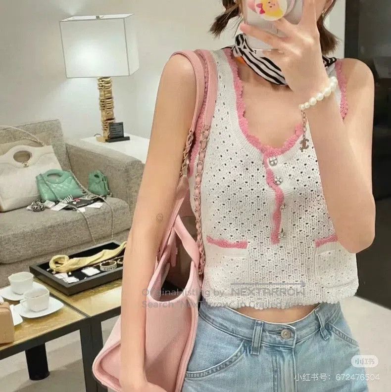 Chanel Chanel 24P white knitted hollowed-out pink-edged vest Size XXS / US 00 / IT 34 - 8 Thumbnail