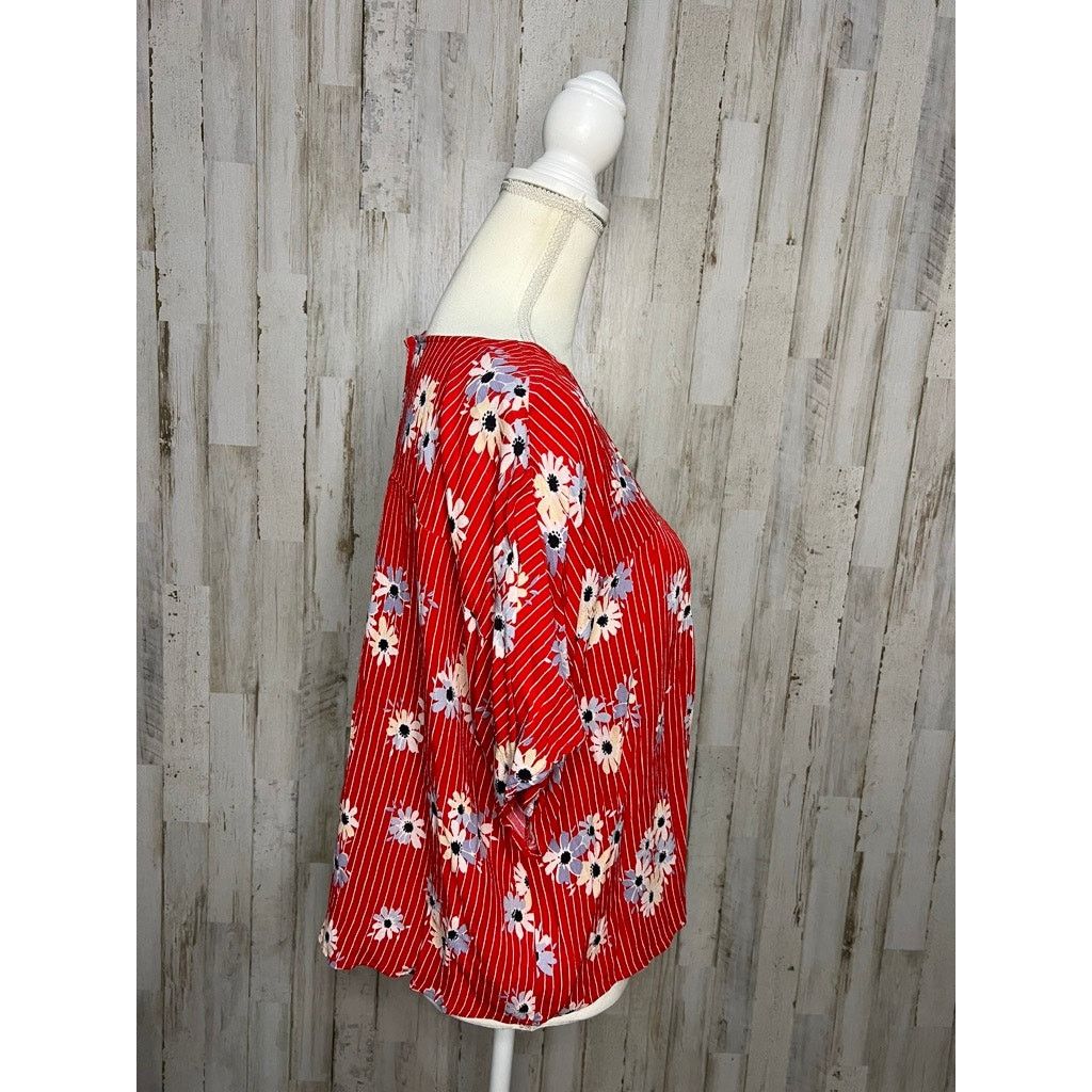 Madewell Madewell Women's Large Floral Cropped Blouse Red V-Neck Size L / US 10 / IT 46 - 2 Thumbnail