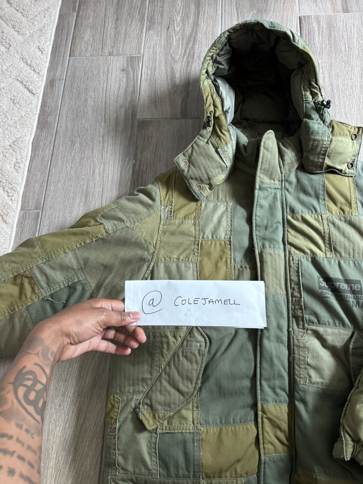 Supreme Supreme x Junya Watanabe Olive “Patchwork” puffer | Grailed