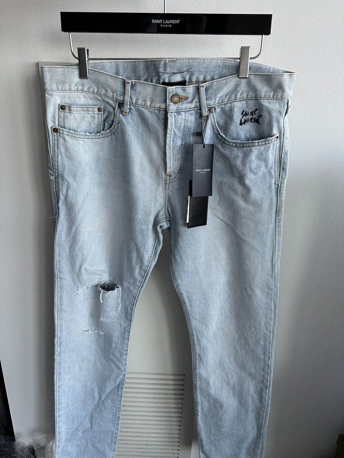 Saint Laurent Paris SLP Super Rare Brand New Trashed Ripped Skinny Denim Jeans Size US 33 - 23 Thumbnail