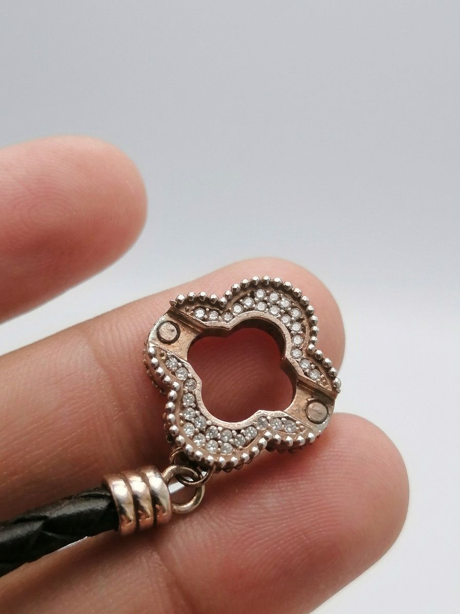 Sterling Silver 925 Silver Clover Diamond Set Bracelet Black Leather Size ONE SIZE - 5 Thumbnail