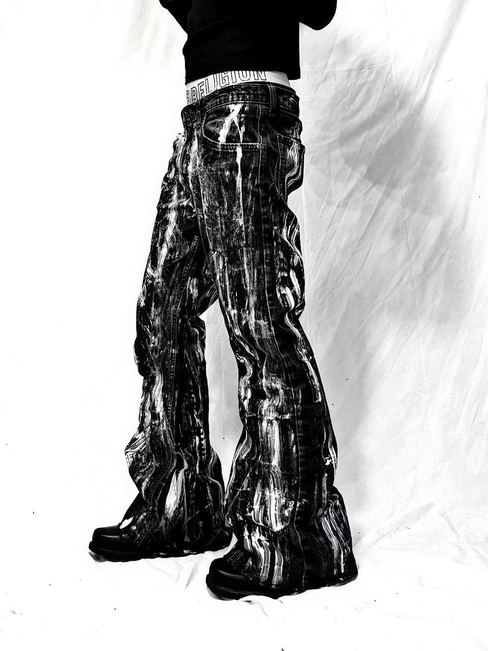 Japanese Brand Custom Black Baggy Distressed Jeans Painted Wide Leg Size US 31 - 4 Thumbnail
