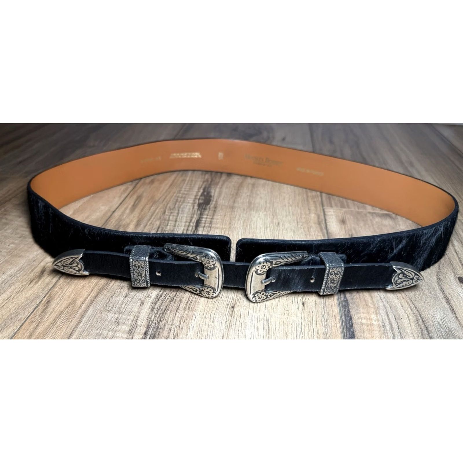 PONY Maison Boinet Belt Women's Dress Belt Black Pony Hair Leather Double Buckle 34/85 Gold Brass Hinged Closure Non Adjustable Nice Condition Size ONE SIZE - 2 Thumbnail