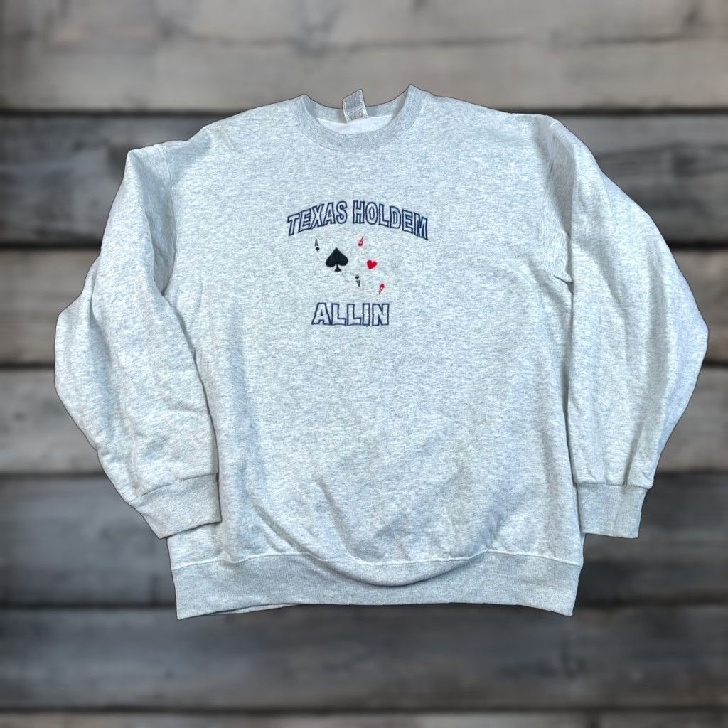 Fruit Of The Loom VINTAGE Fruit of the Loom Sweatshirt Shirt Adult XL Gray Texas Hold 'Em Embroidered 90s Retro Gambling Mens Size US XL / EU 56 / 4 - 1 Thumbnail