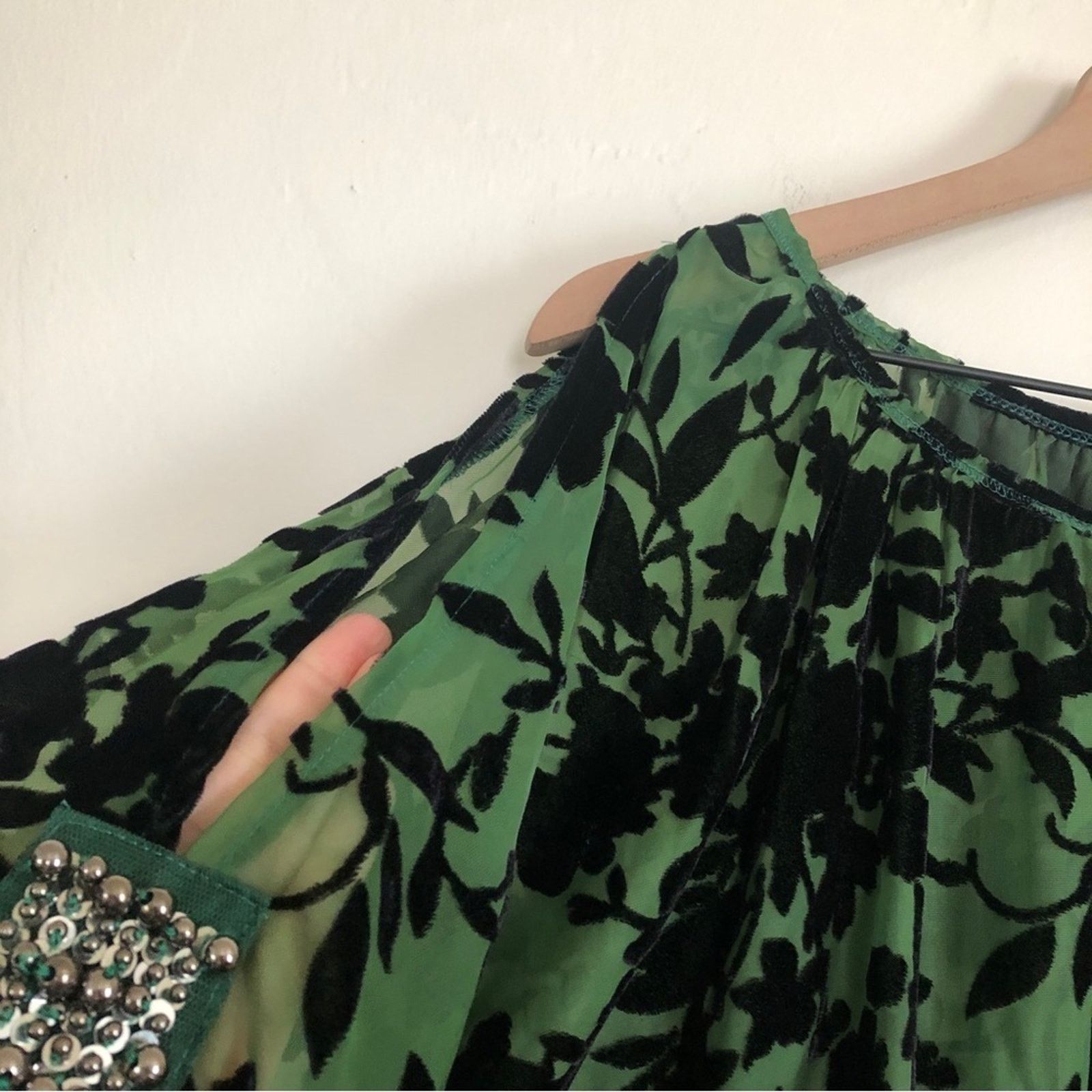 Other Awake Couture Green Black Velvet Velour Floral Blouse Top Size L / US 10 / IT 46 - 7 Thumbnail