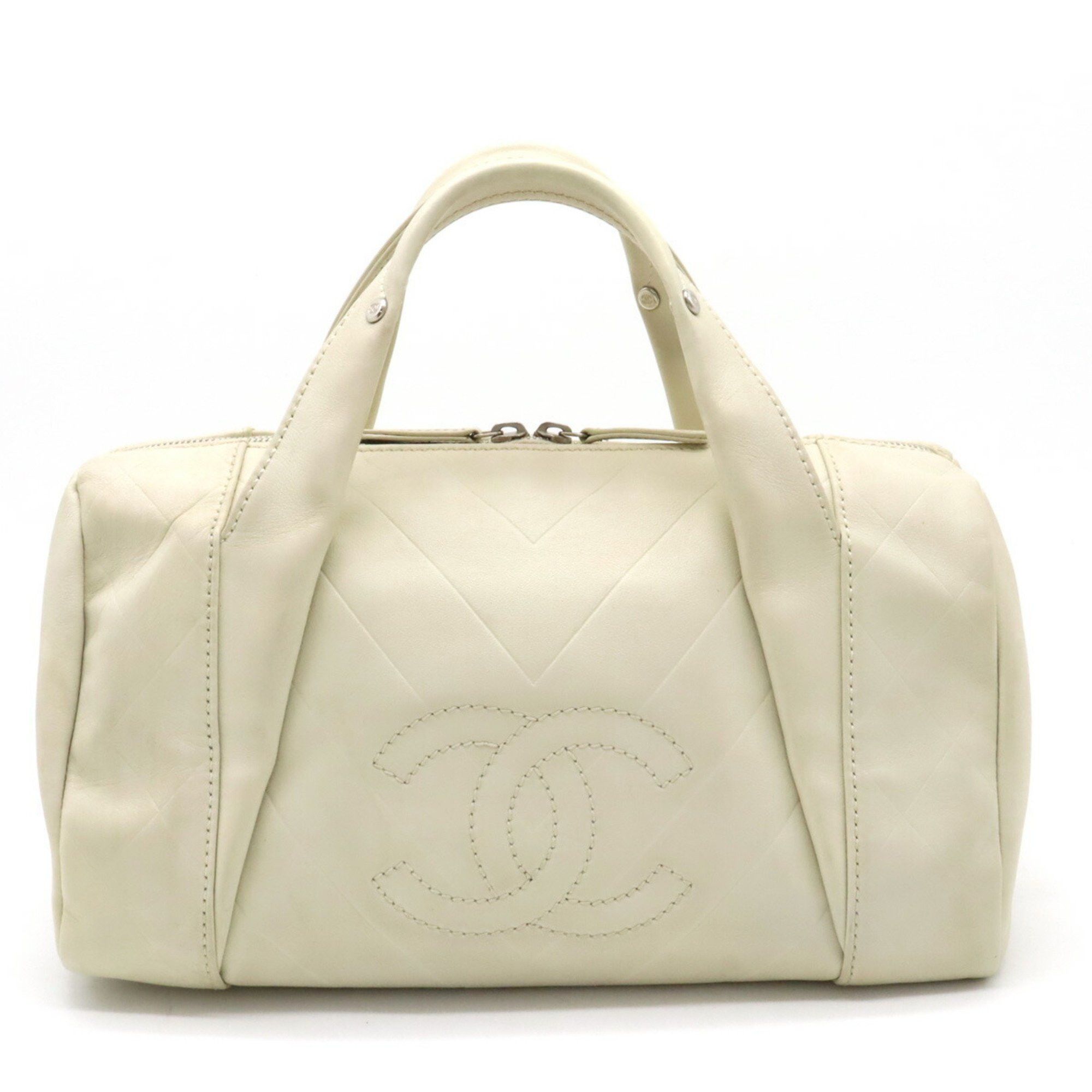 image of Chanel Chevron V-Stitch Coco Mark Boston Bag Handbag Leather Ivory, Women's