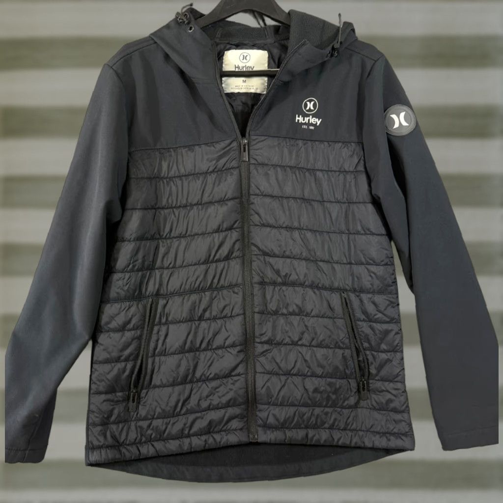 Hurley Hurley Puffer Hooded Jacket Mens M Black Softshell Lined Full Zip Stretch Logo Weathergear Jacket Size US M / EU 48-50 / 2 - 1 Thumbnail