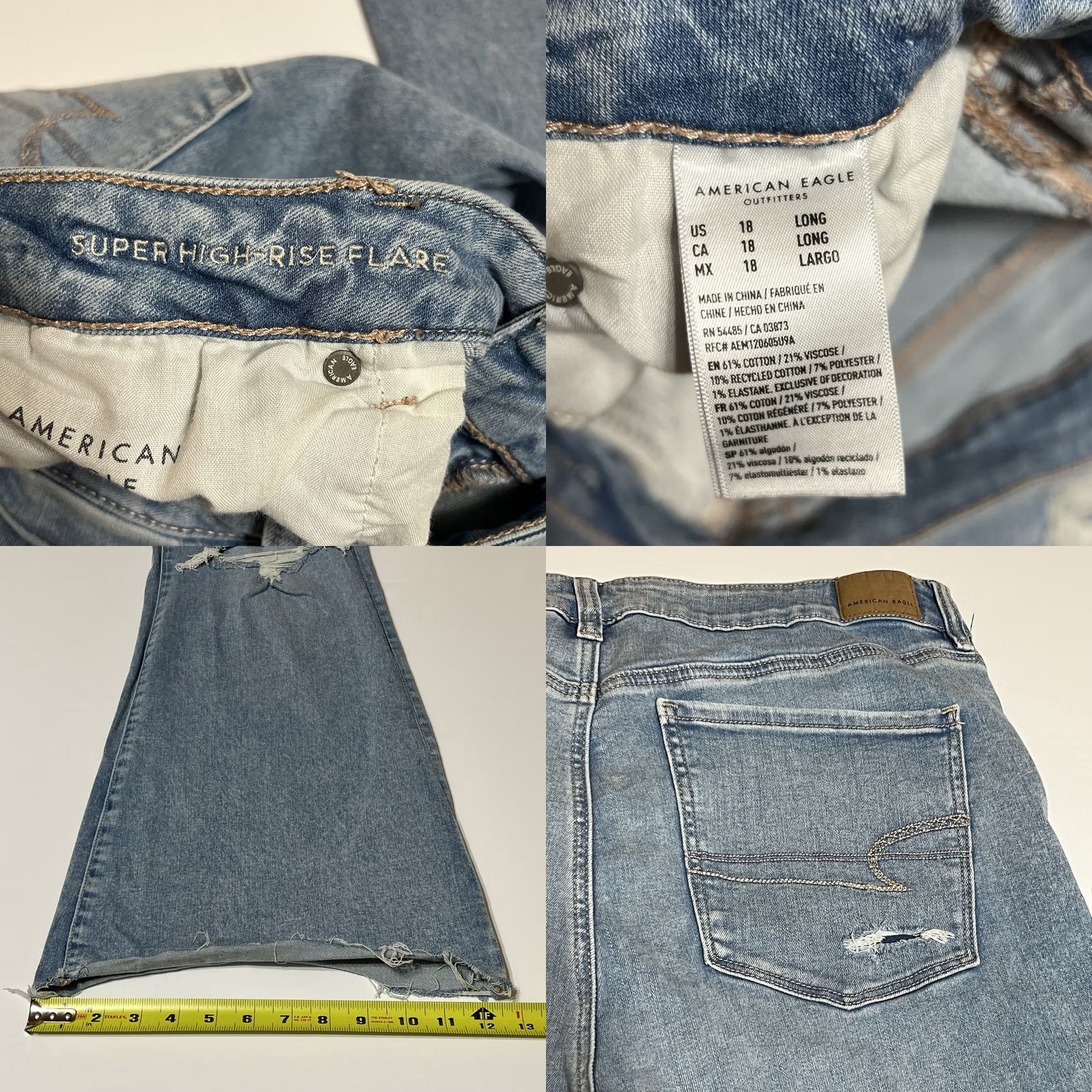 American Eagle Outfitters VINTAGE American Eagle Jeans 18 Long Flare 31in 5-Pocket Blue Distress Stretch Denim Womens High Rise Trouser Size 40" / US 18 - 8 Thumbnail