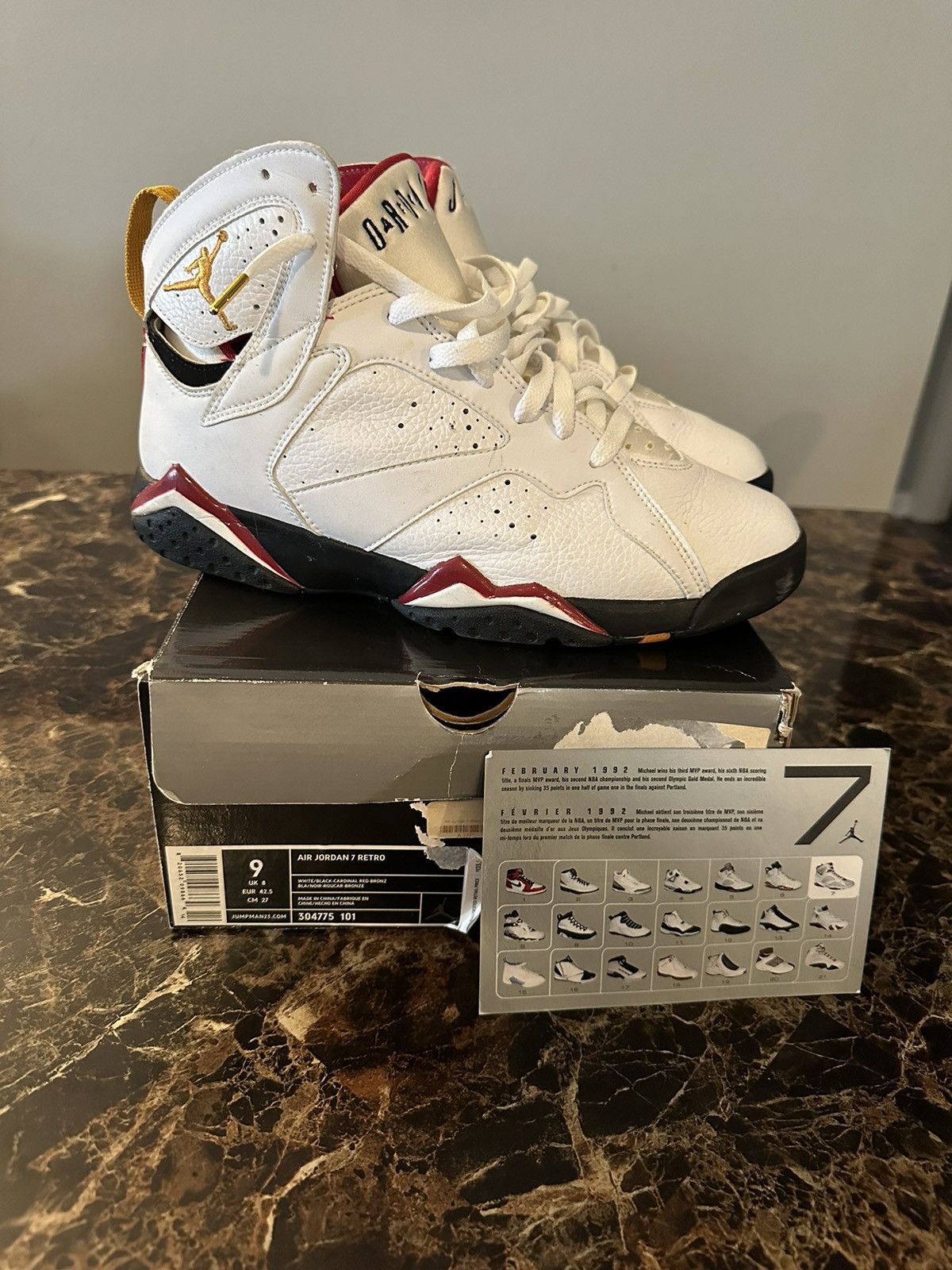 image of Air Jordan 7 Retro Cardinal Shoes in White, Men's (Size 9)
