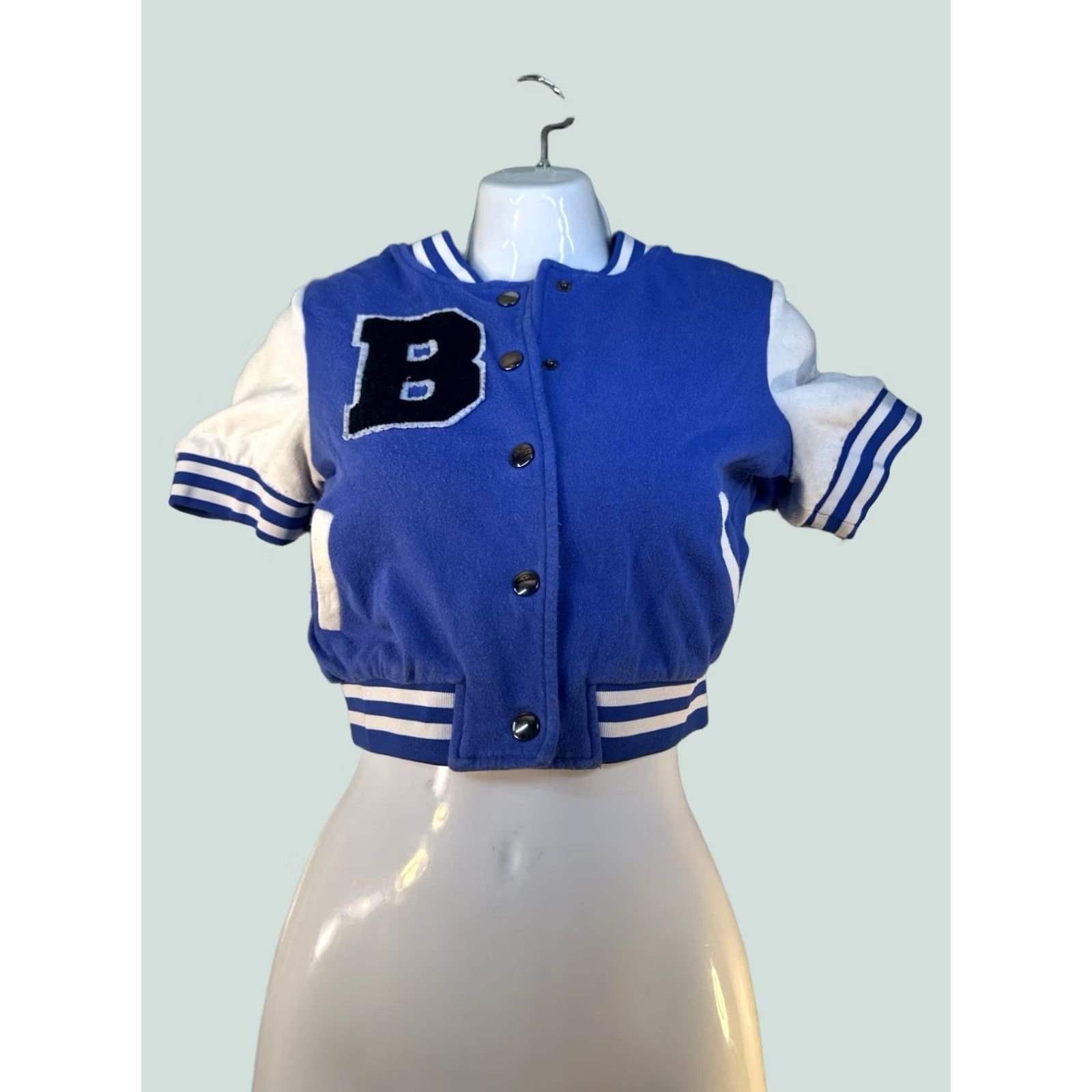Vintage Womens Cropped Varsity Jacket Blue White Letterman Bomber Snap Front Size S Women Shirt? Size S / US 4 / IT 40 - 1 Thumbnail
