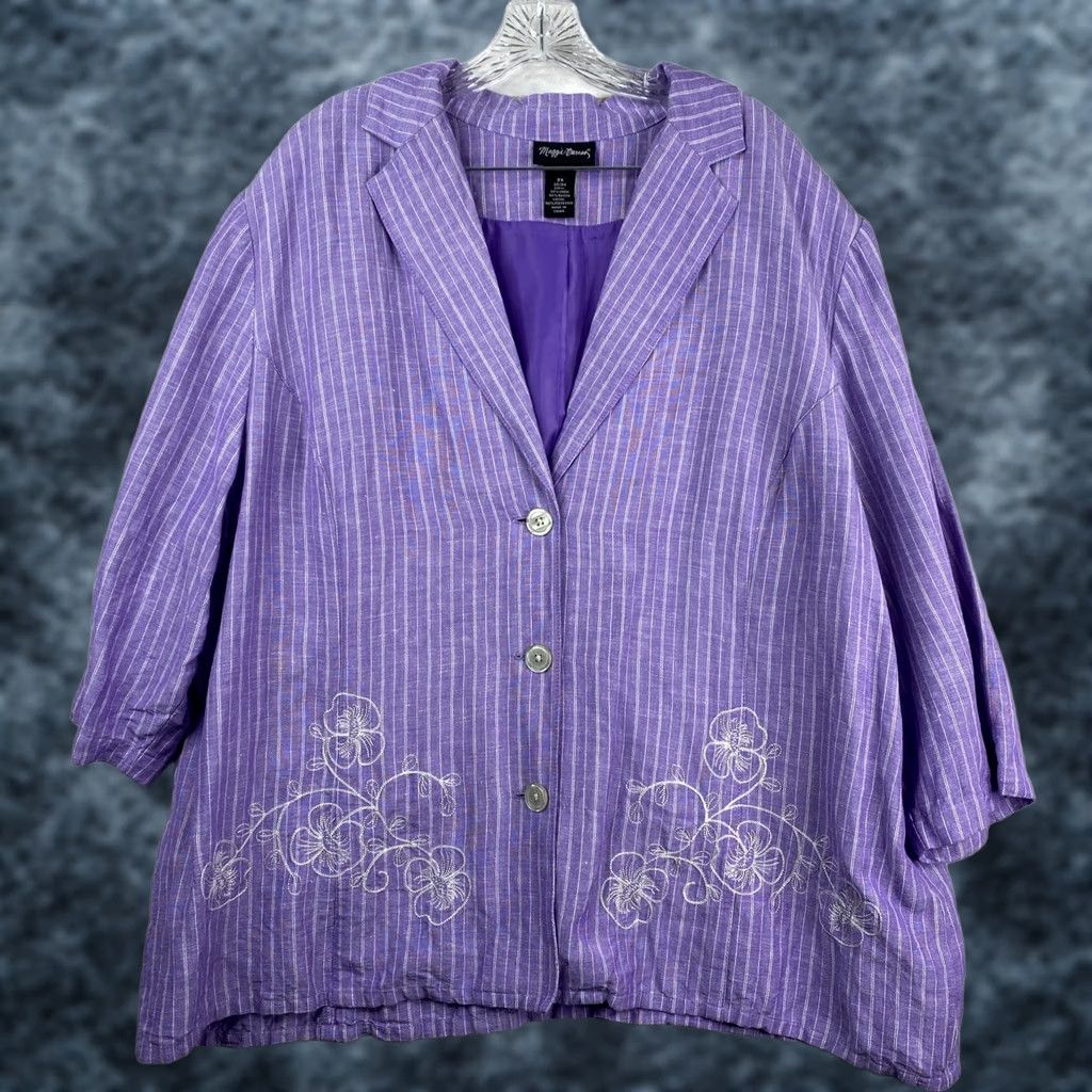 Vintage Maggie Barnes Blazer Jacket 2X Purple Striped Embroidered Linen Blazer Women Size XXL / US 16-18 / IT 52-54 - 1 Thumbnail