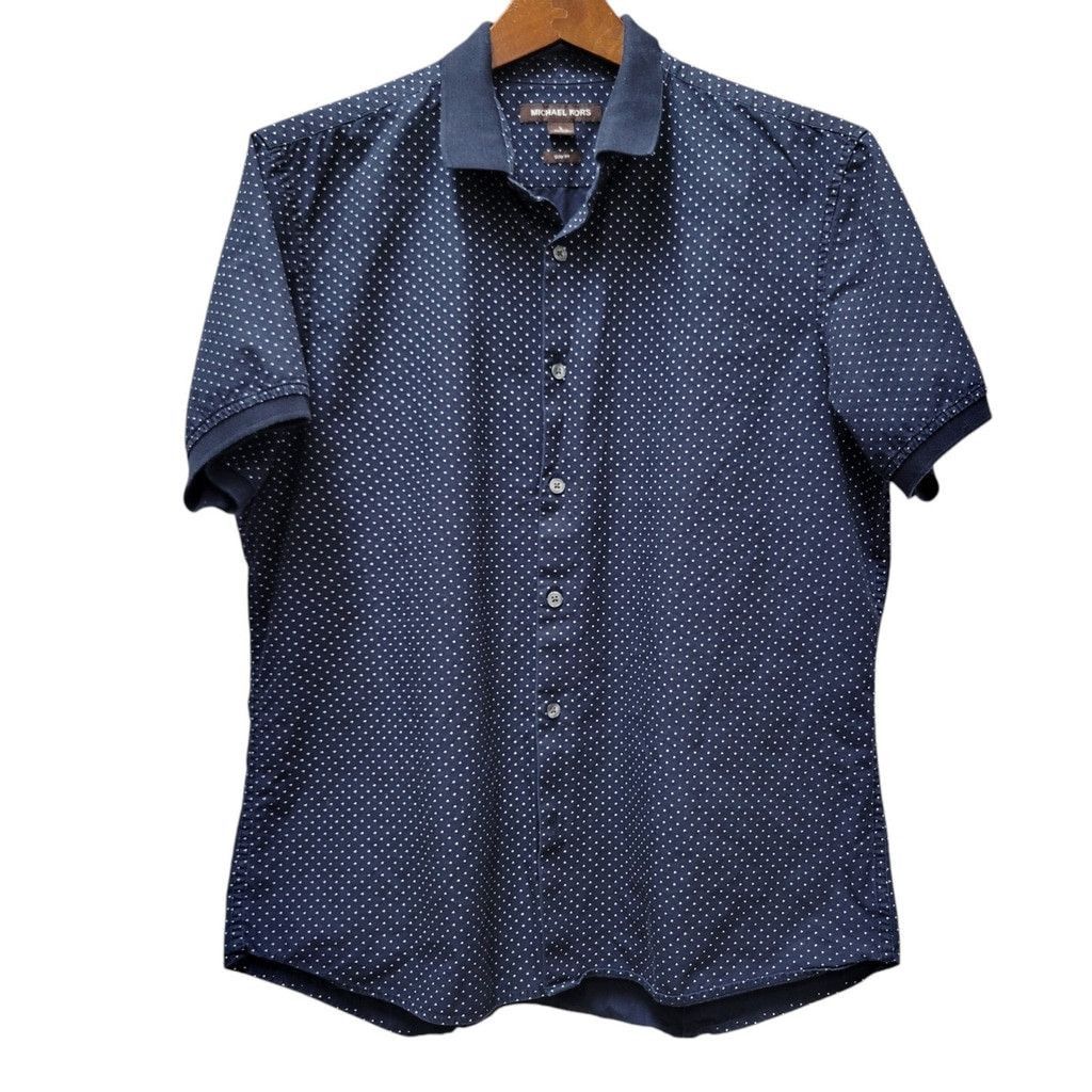 Michael Kors Michael Kors Slim-Fit Navy Polka-dot Button-Up Cotton Shirt Size US L / EU 52-54 / 3 - 1 Thumbnail