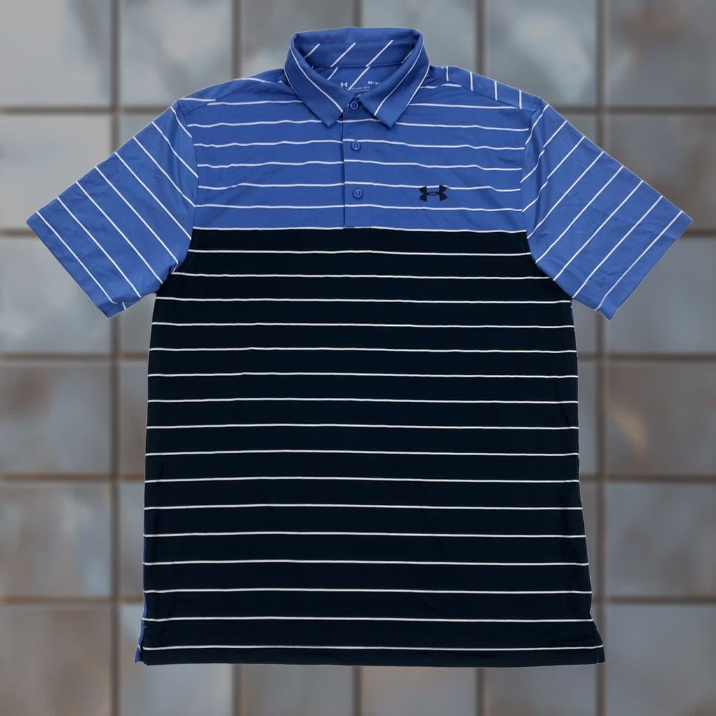 Under Armour Under Armour Men's MD M Blue Navy White Stripe HeatGear Polo Shirt Loose Fit Size US M / EU 48-50 / 2 - 1 Thumbnail