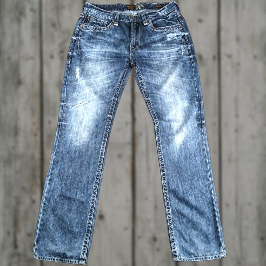 Salvage Havoc Jeans Slim Straight Low Rise Stretch 34 34x33 Blue Denim Men Regular Size 5-Pocket Buckle