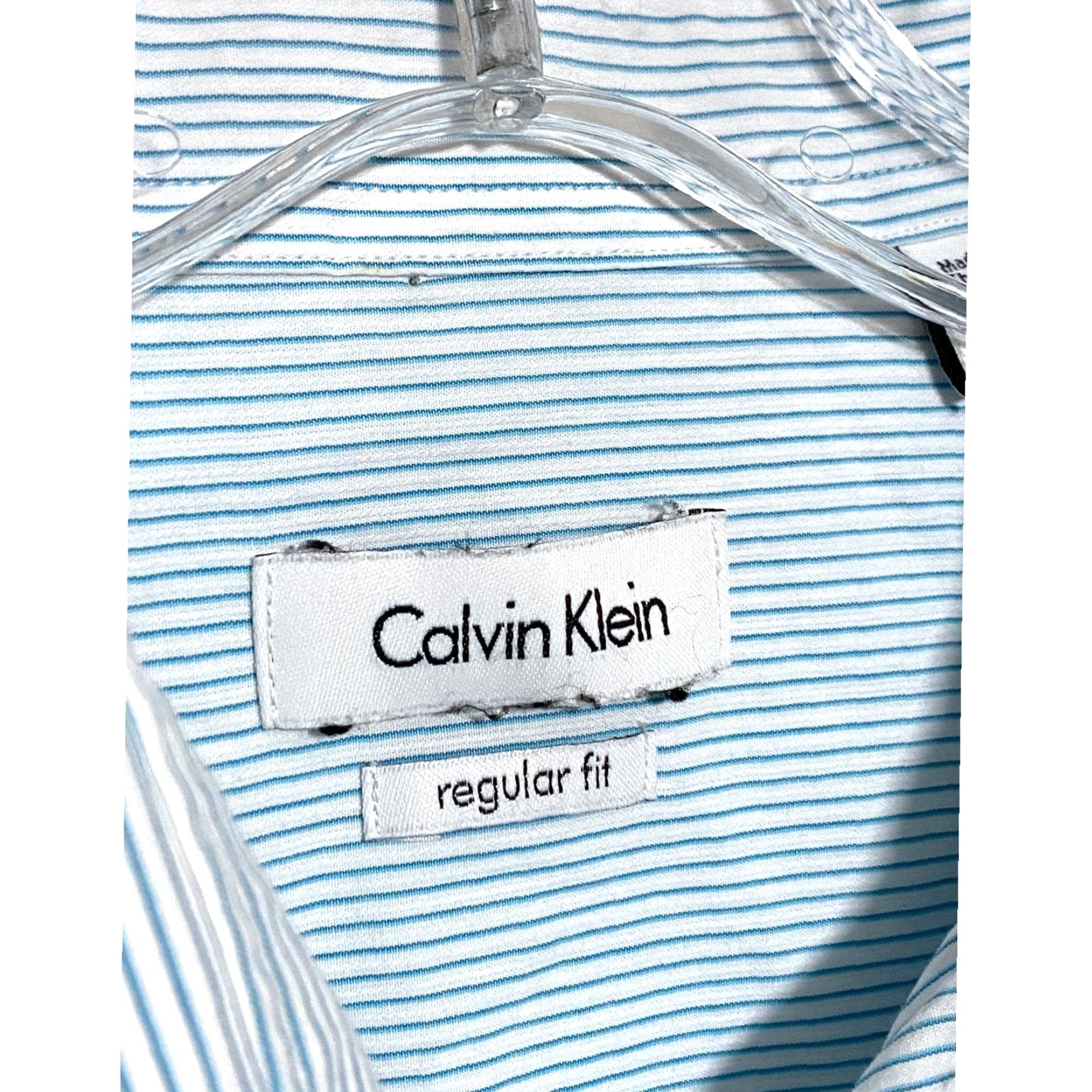 Calvin Klein Calvin Klein Dress Shirt Mens 16.5 34-35 Regular Fit Striped Blue Seersucker Long Sleeve Button Cuff White 100% Cotton Size 46R - 6 Thumbnail
