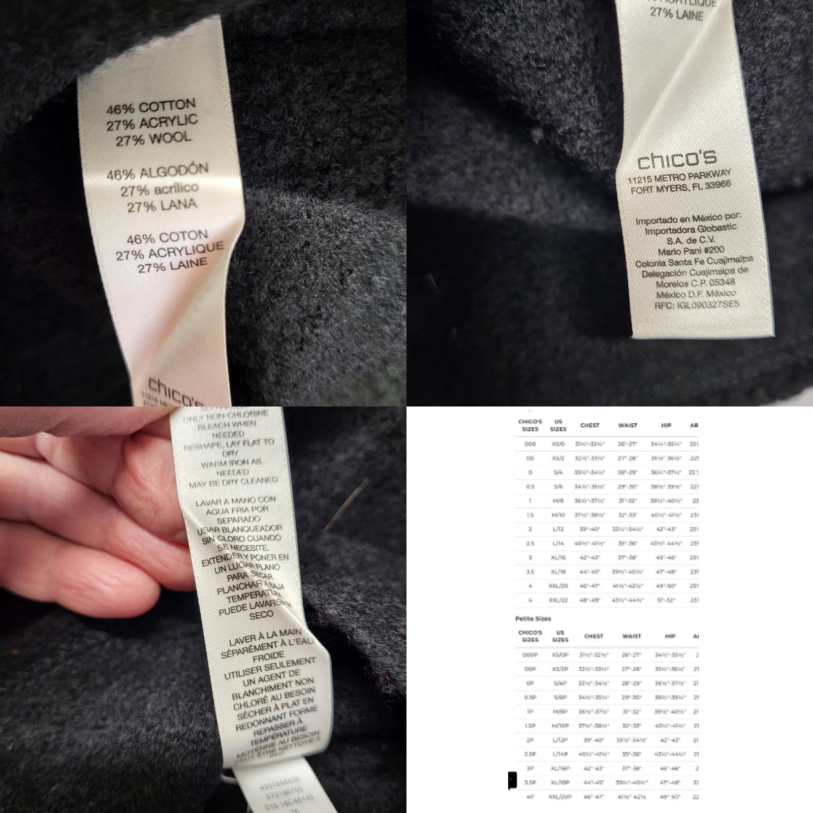 Vintage Chicos Sweater Womens Size 1 Black Knit Wool Blend Zip Up 3/4 Sleeve Jacket Size XS / US 0-2 / IT 36-38 - 8 Thumbnail