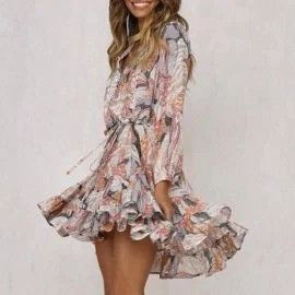 Vintage Sonja Morgan Ruffle Flounce Dress S Long Sleeve Beige Pink F Size S / US 4 / IT 40 - 9 Thumbnail
