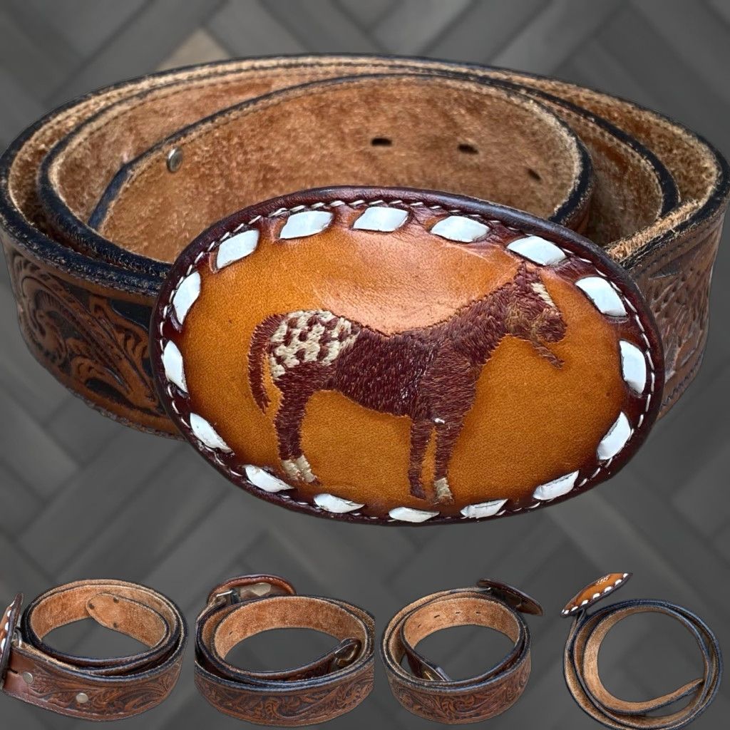 Tony Lama VINTAGE Tony Lama Belt Buckle Leather Belt Tooled Leather Belt Eagle Cowboy Core 38 Brown Unisex Adult Rockabilly 1970s Western Cowboy Theme Size ONE SIZE - 1 Thumbnail