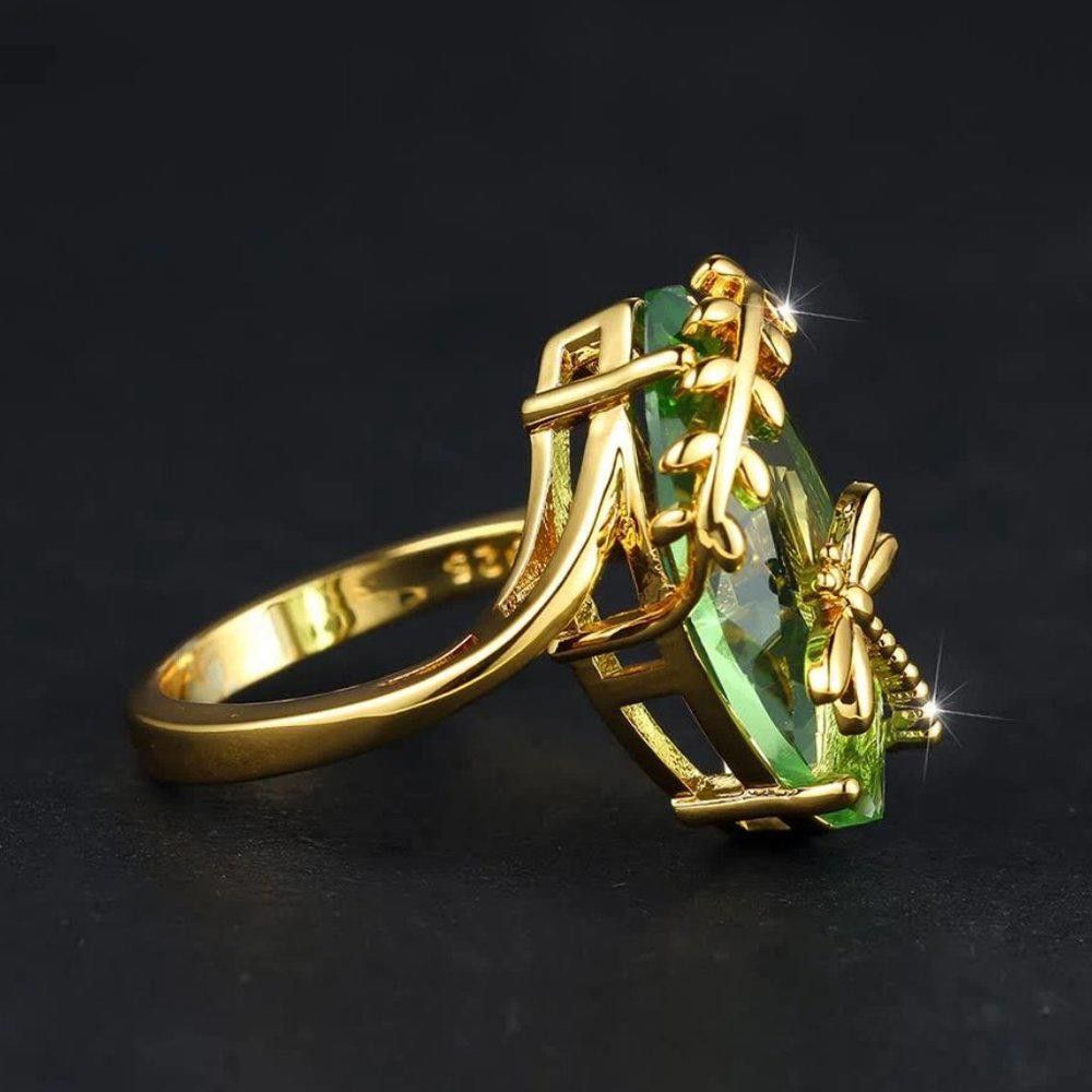 Designer Sterling Silver Green Olive Marquise Gold Dragonfly Ring Size ONE SIZE - 5 Thumbnail