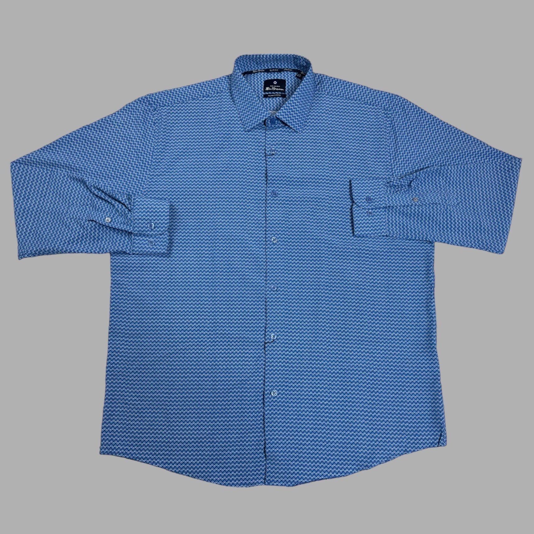 Ben Sherman Mens XL Slim Fit Stretch Geometric Swirls Blue Long Sleeve Button Up Shirt