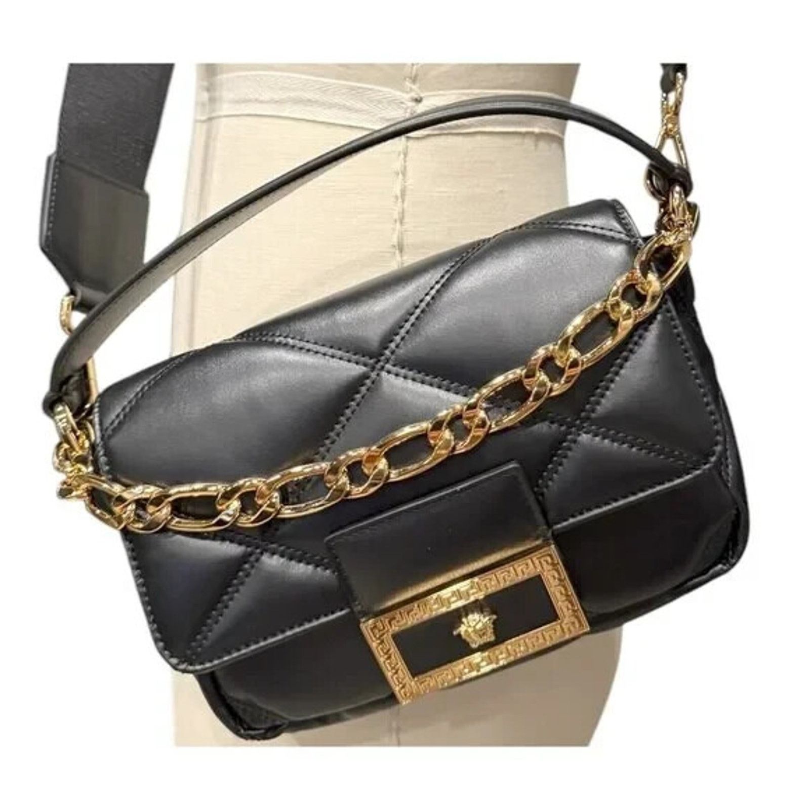 Versace VERSACE QUILTED BLACK LEATHER GOLD MEDUSA GOLD CHAIN BAG $2K Size ONE SIZE - 14 Thumbnail