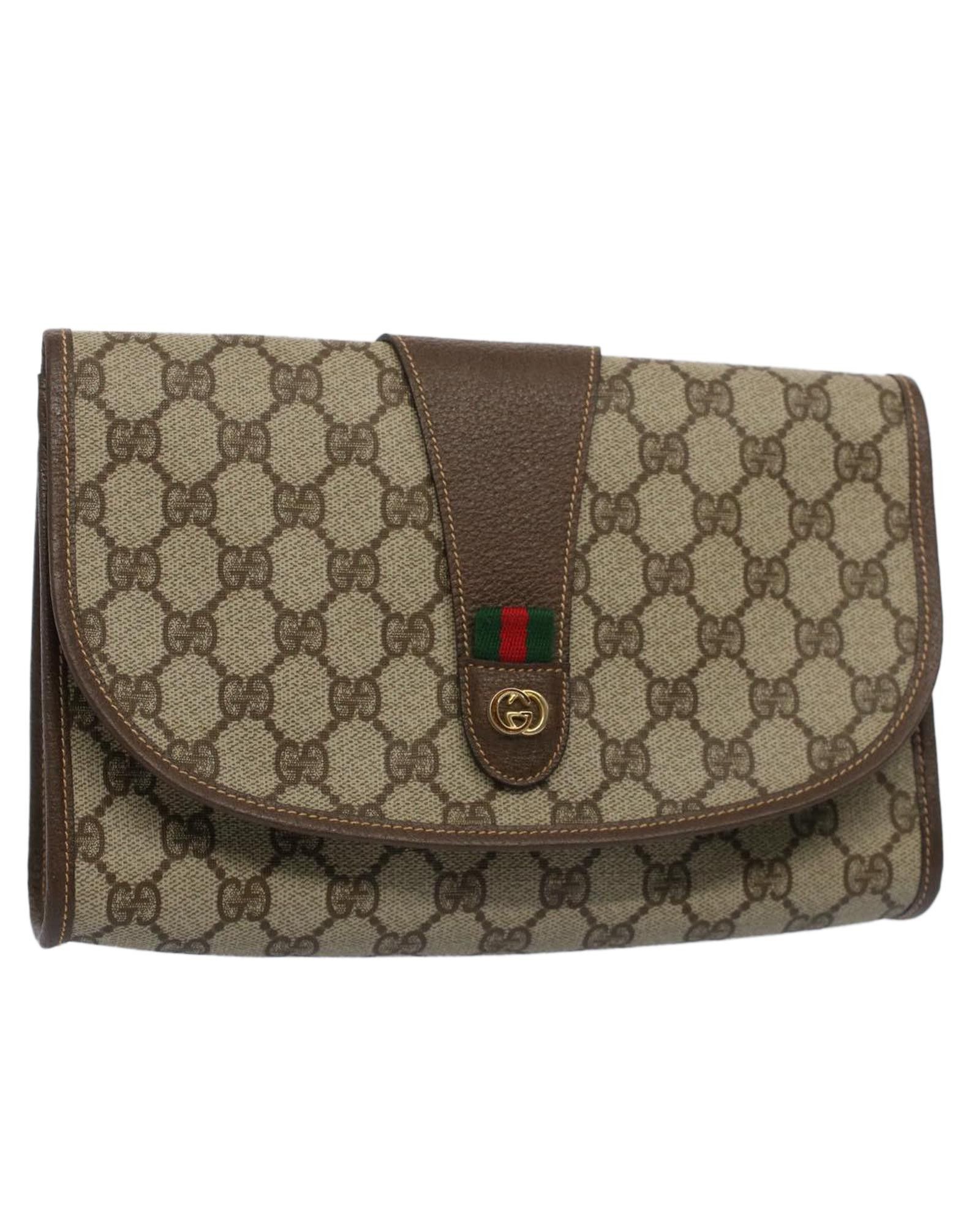 image of Gucci Canvas Clutch Bag With Signature Accents in Beige, Women's